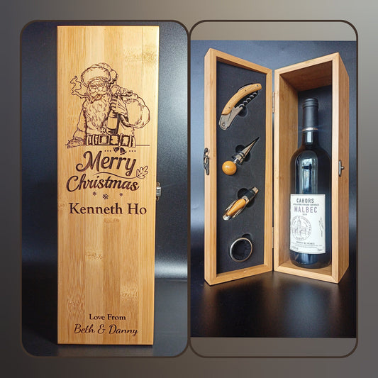 Personalised Christmas Gift - Personalised Bamboo Wine Box With A Bad Santa Design - Perfect Cheeky Christmas Gift For Him Or Gift For Her