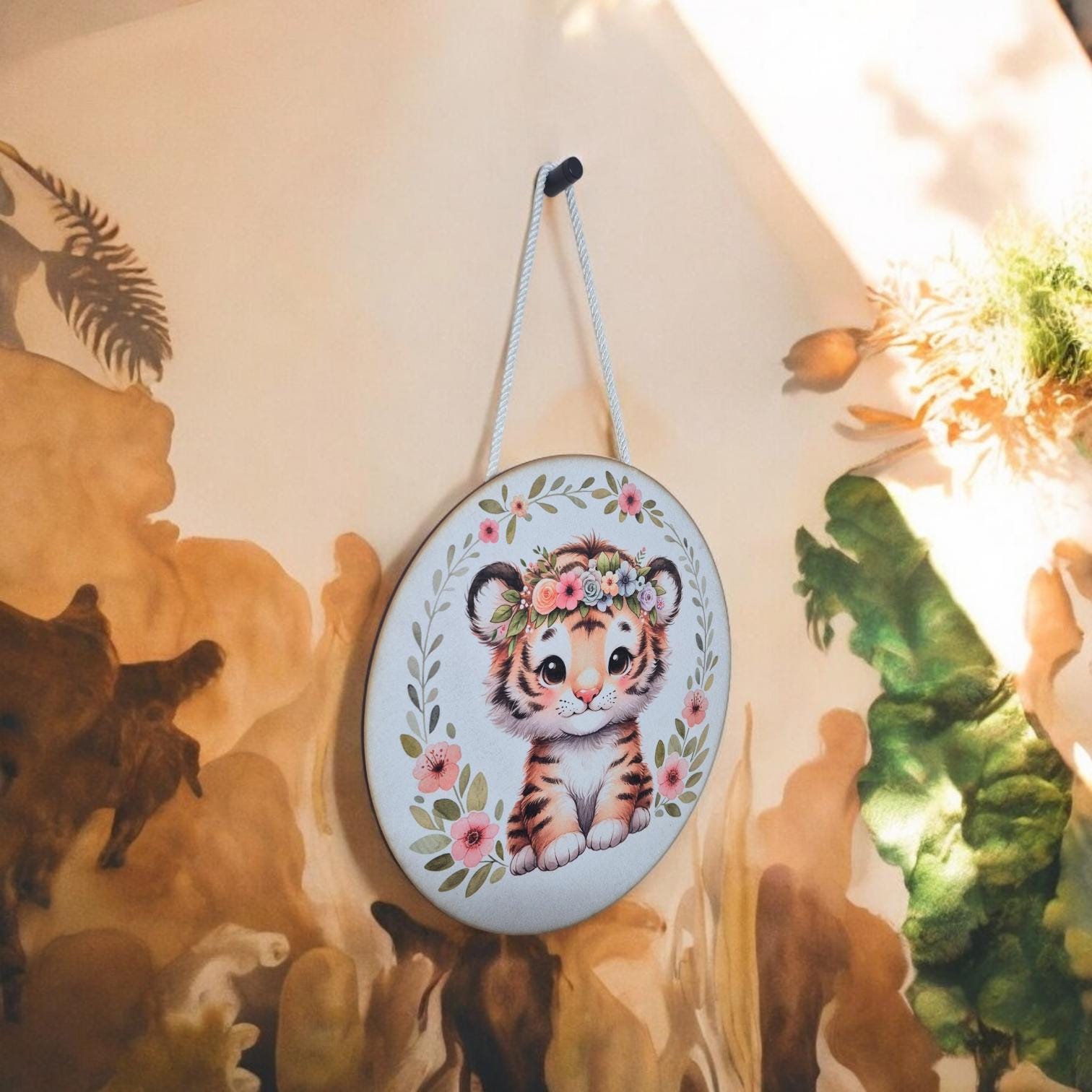 Wooden Tiger Wall Art - Nursery Decor | Cute Animal Hanging Wall Art with Rope - Baby Girl/Boy Bedroom or Playroom Decor - Animal Prints