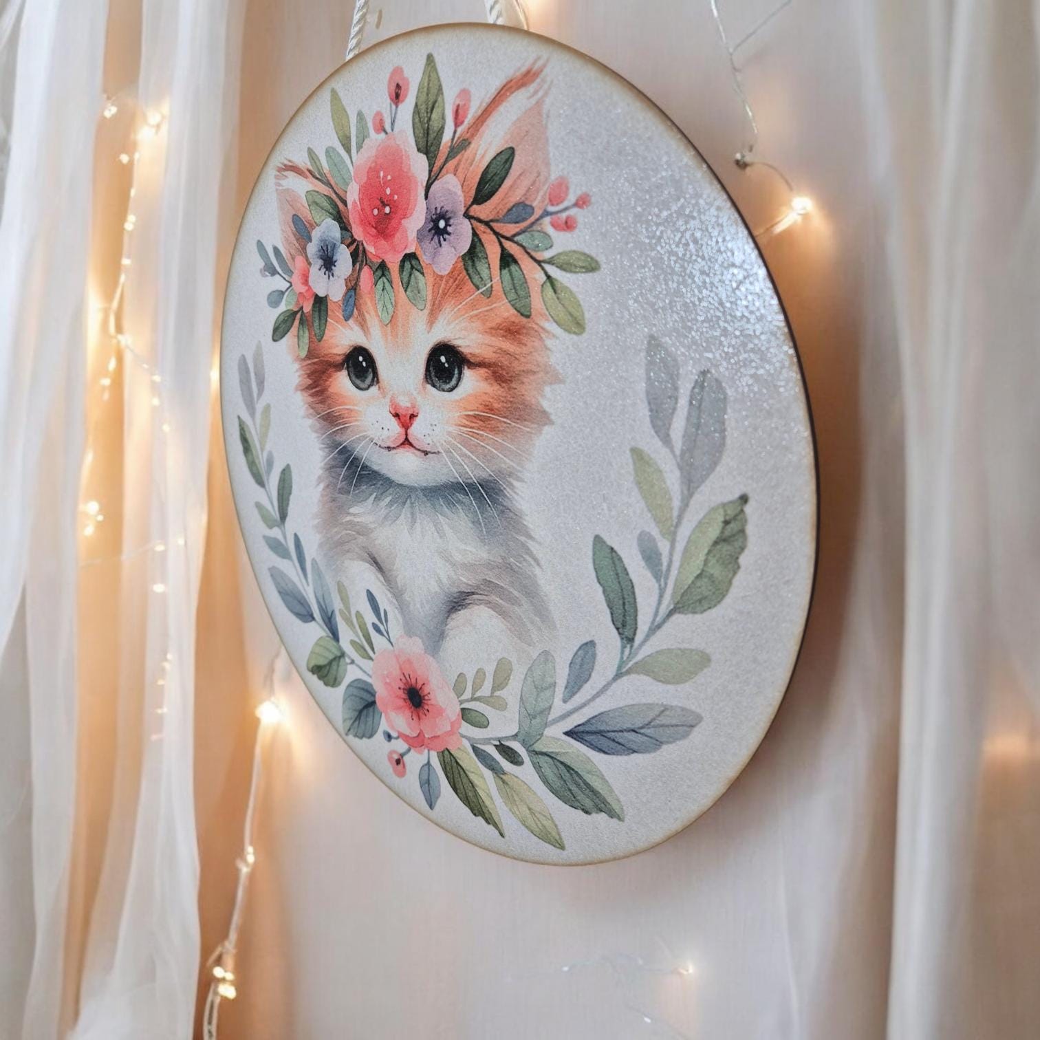 Wooden Kitten Wall Art - Nursery Decor | Cute Animal Hanging Wall Art with Rope - Baby Girl/Boy Bedroom or Playroom Decor - Animal Prints