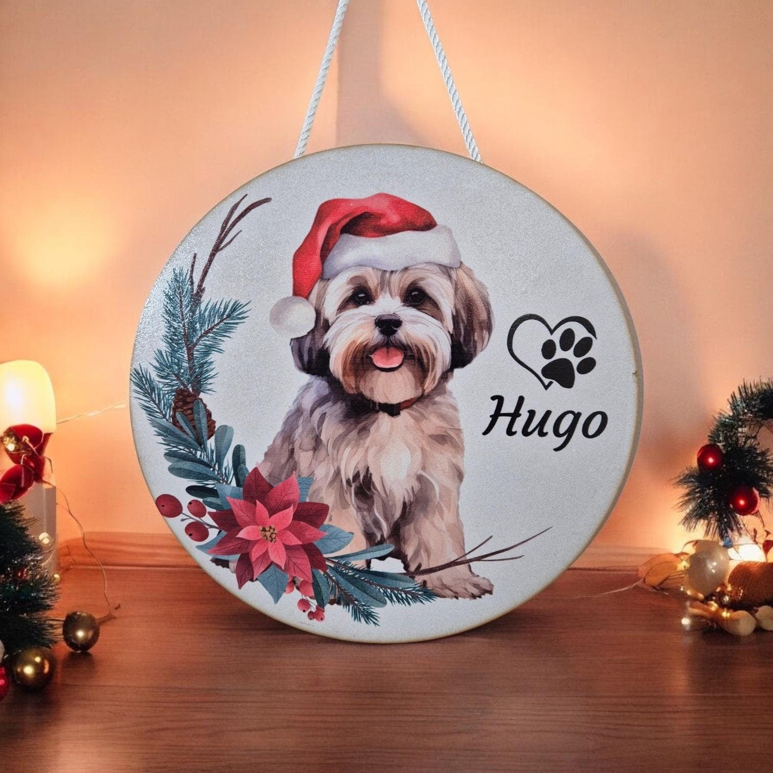 Personalised Christmas Dog Wall Art - 29.5cm Custom Pet Name Sign | Santa Hat Dog Breed Decor | Christmas Gifts for Dog Lovers, Home Decor