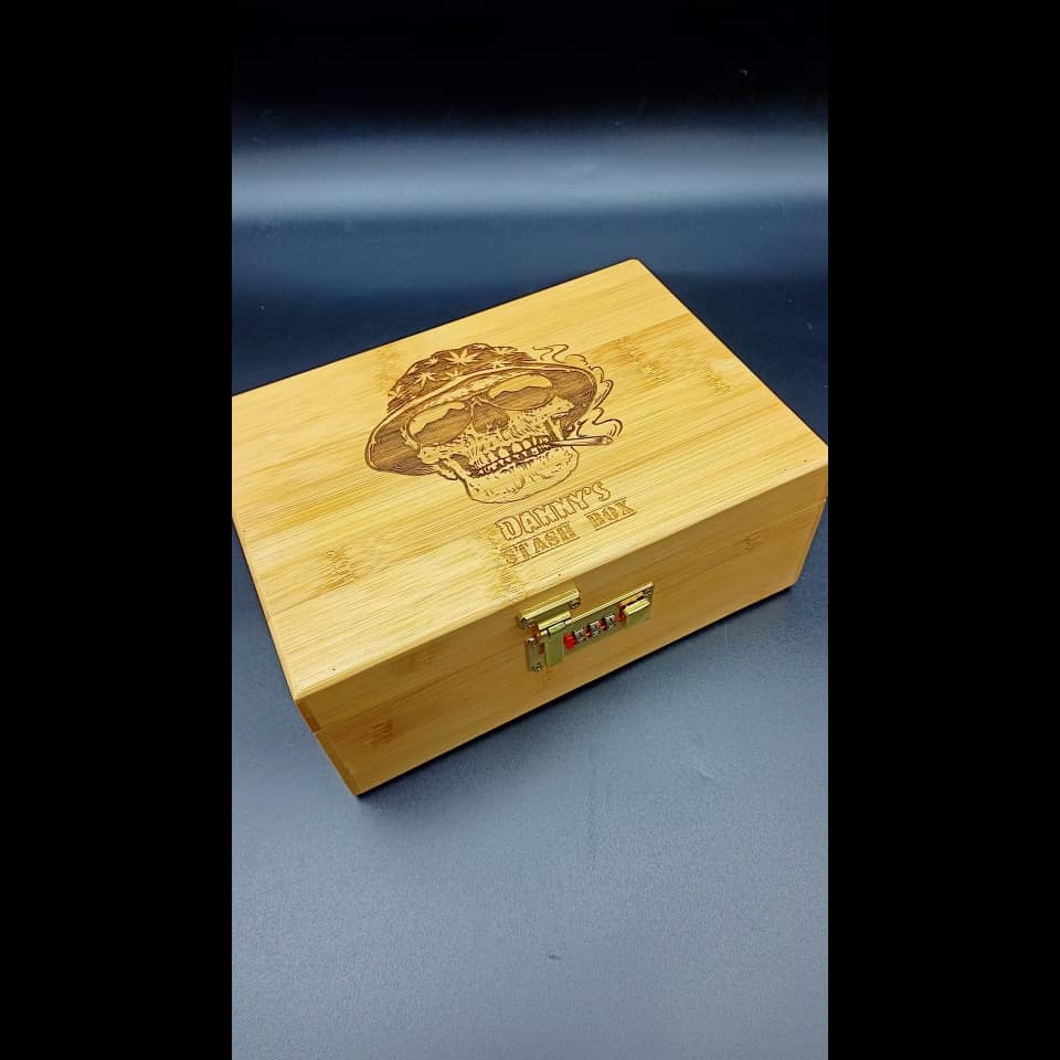 Large Cannabis / Weed - Bamboo Wooden Stash Box Skull Engraving With Combo Lock & Bamboo Rolling Tray. Weed / Cannabis Accessories 420