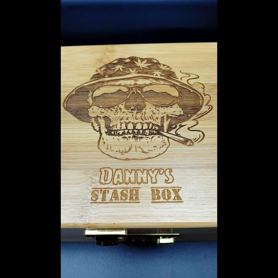 Large Cannabis / Weed - Bamboo Wooden Stash Box Skull Engraving With Combo Lock & Bamboo Rolling Tray. Weed / Cannabis Accessories 420