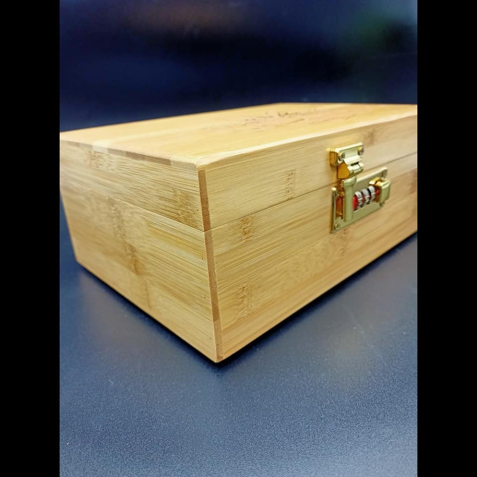 Large Cannabis Stash Box personalised With A  Cannabis Leaf Engraving & 1 Line of Text, features  Combo Lock & Bamboo Rolling Tray. Weed / Cannabis Accessories 420