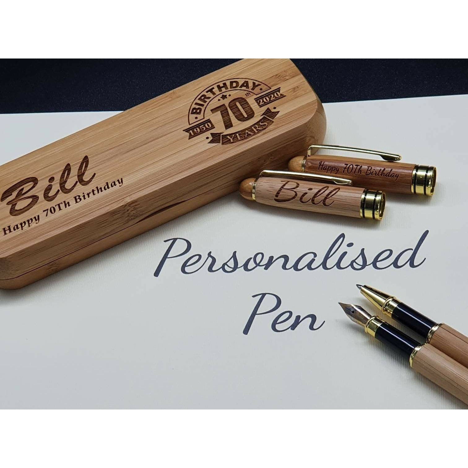 Personalized 70th Birthday - Gift For Him - Bamboo Pen Double Set. - Personalized Ballpoint Pen / Fountain Pen/ Pen Holder - Gifts For Dad. - PersonalisedByPicArt