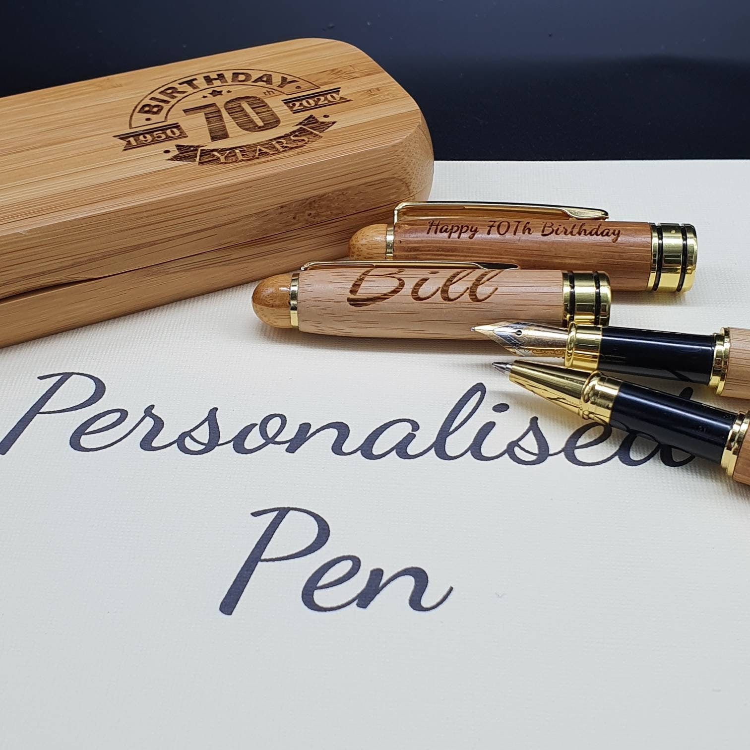 Personalized 70th Birthday - Gift For Him - Bamboo Pen Double Set. - Personalized Ballpoint Pen / Fountain Pen/ Pen Holder - Gifts For Dad. - PersonalisedByPicArt