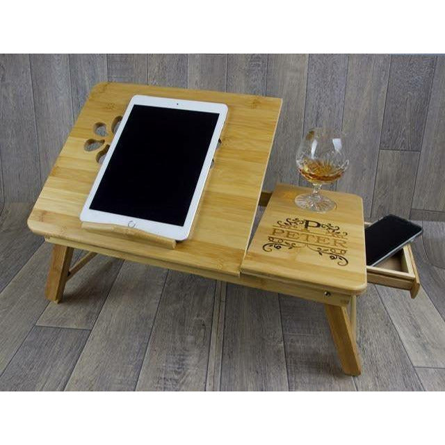 Long Distance Relationship Gift For Boyfriend - Personalized Laptop Lap Desk- Bamboo Wood - Laptop Bedside Lap Stand With Drawer. - PersonalisedByPicArt