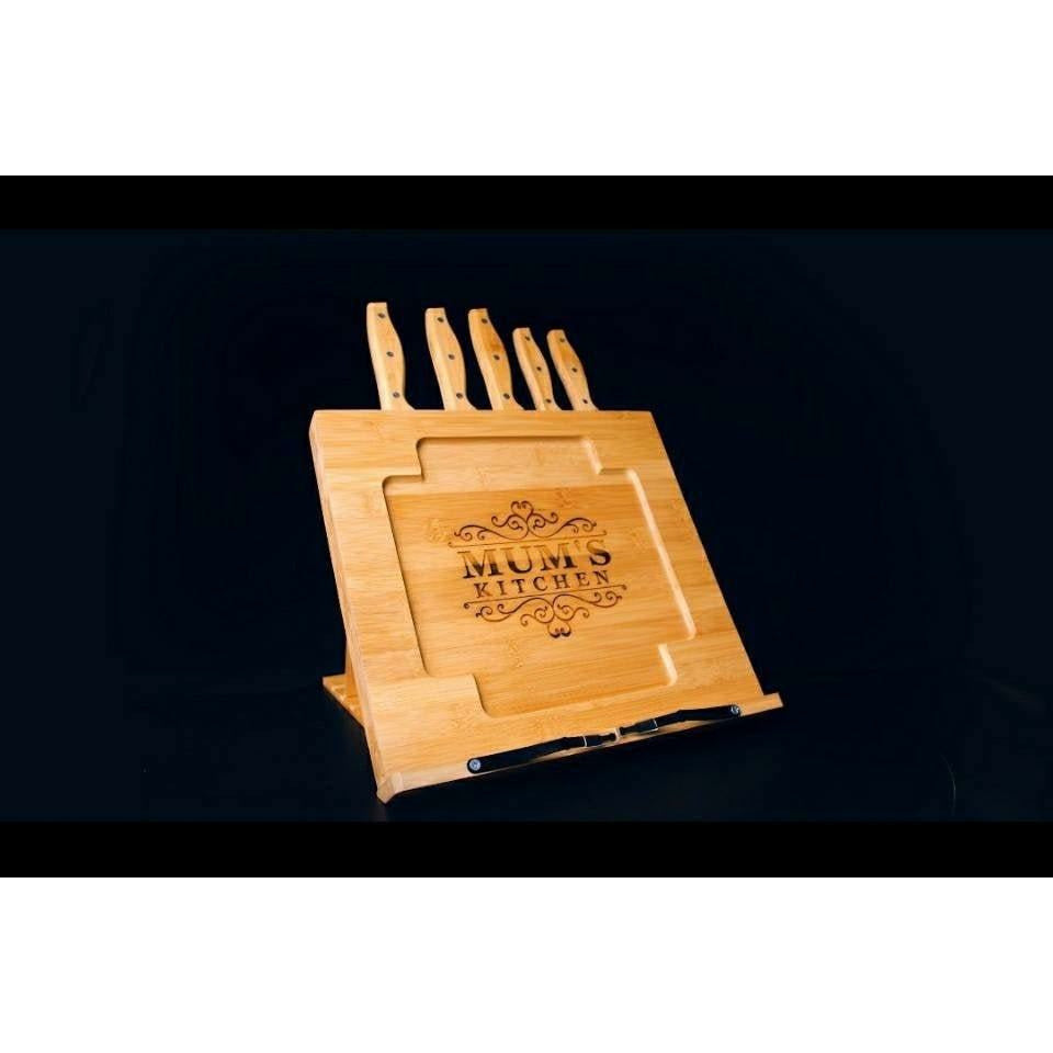 Grandma Gift - Gifts For Grandma - Engraved & Personalized Bamboo Cookbook Stand With Tablet / Ipad Holder Including 5 knives. Kitchen Decor - PersonalisedByPicArt