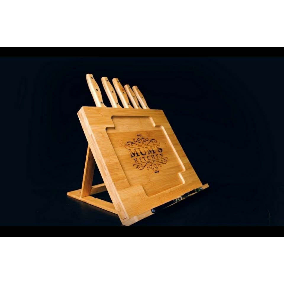 Grandma Gift - Gifts For Grandma - Engraved & Personalized Bamboo Cookbook Stand With Tablet / Ipad Holder Including 5 knives. Kitchen Decor - PersonalisedByPicArt