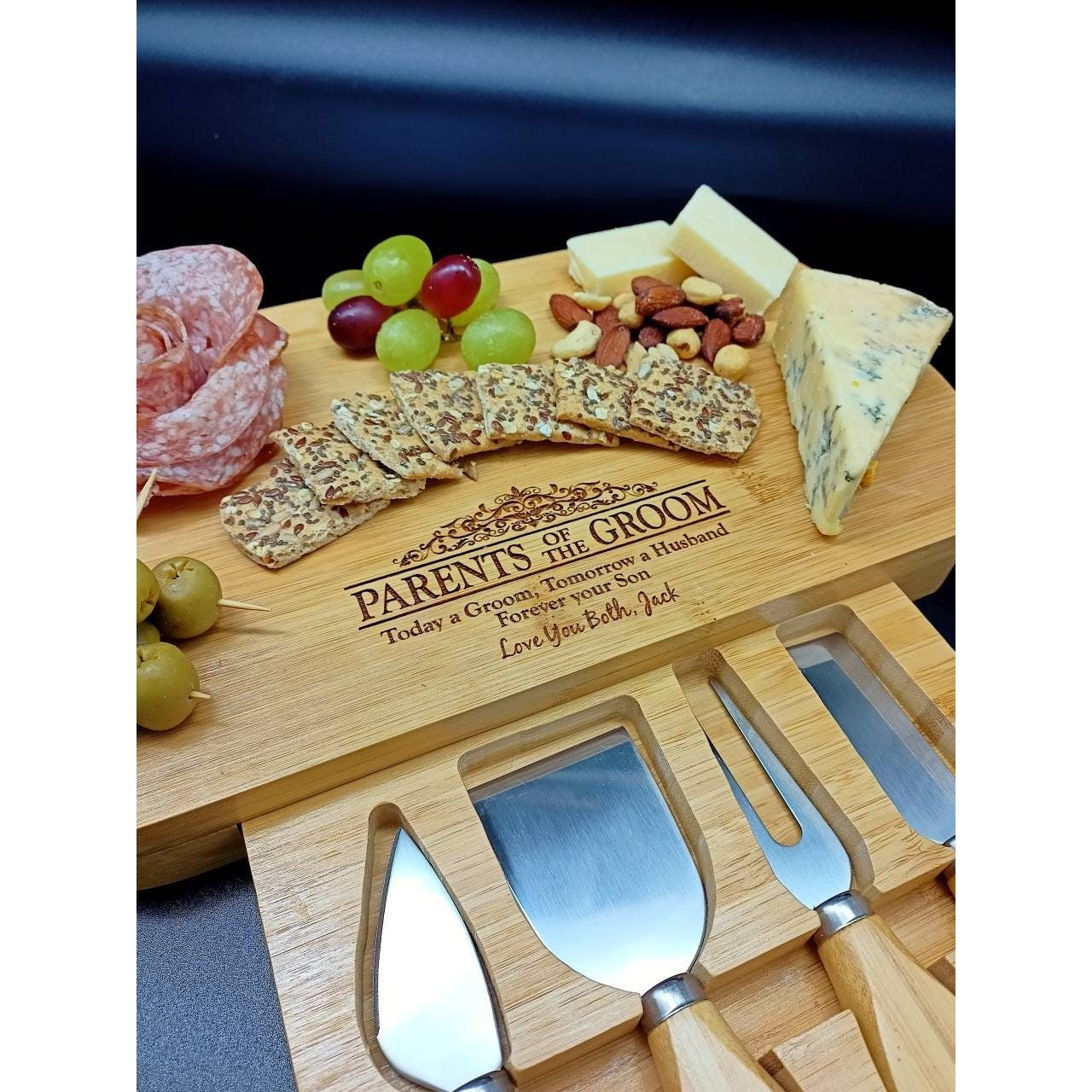 Parents Of The Groom Gifts - Custom Personalized Bamboo Cheese Board With Accessories - Wedding Parents Thank You Gift - Mum And Dad Gift
