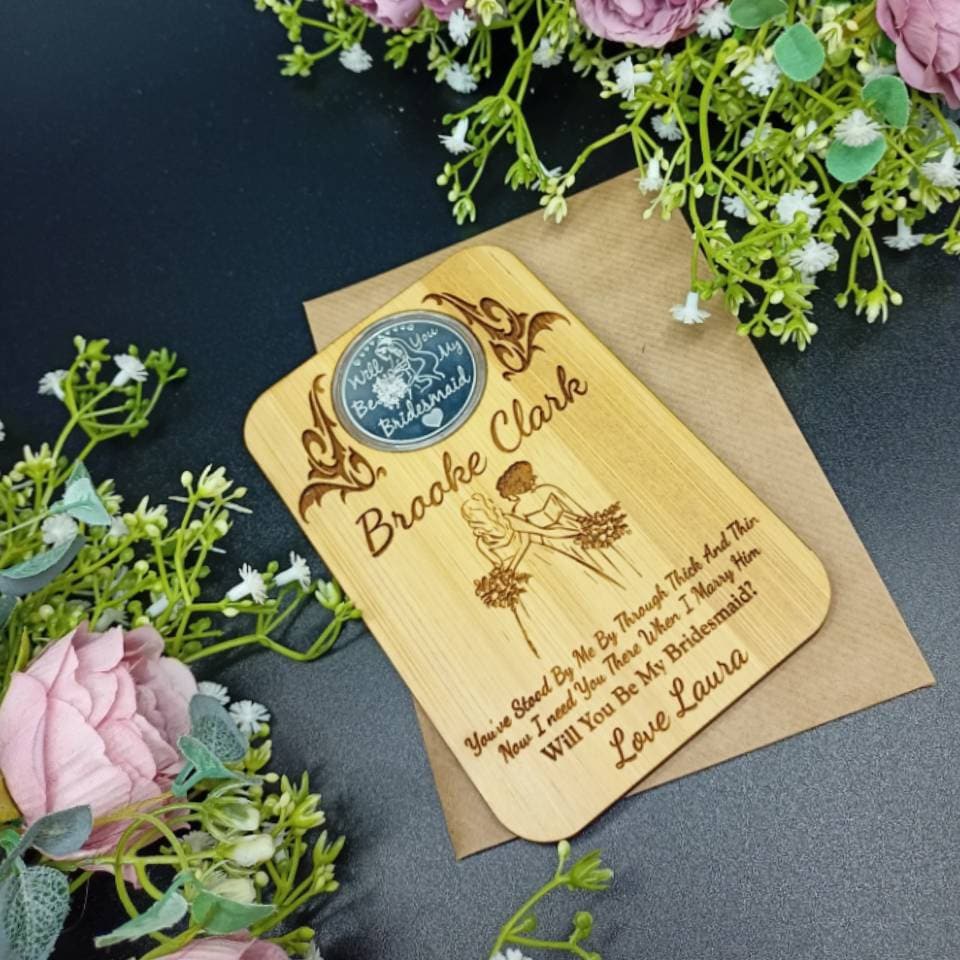 Bridesmaid Proposal - Will You Be My Bridesmaid - Commemorative Gift Coin With A Bamboo Wooden Personalised Custom Engraved Plaque Draft