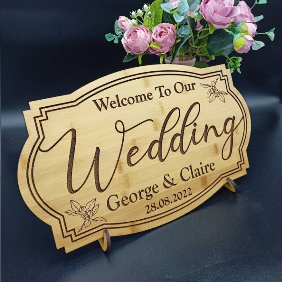 Wedding Welcome Sign - Custom Wedding Sign Engraved In Beautiful Bamboo Wood Including Wedding Sign Stand - Unique Wedding Welcome Sign
