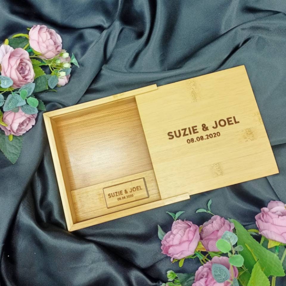 Personalised Bamboo Wooden USB Box - Store Your Special Memories In This USB Presentation Box Also Holds 6X4 Photo Prints - Wedding Gift