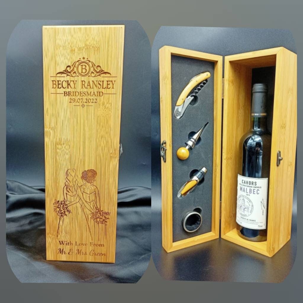 Personalised Bridesmaid Gifts - Bamboo Wine Box With Tools - Bridesmaid Proposal box - Thank you Wedding Gifts For Your Best Friends