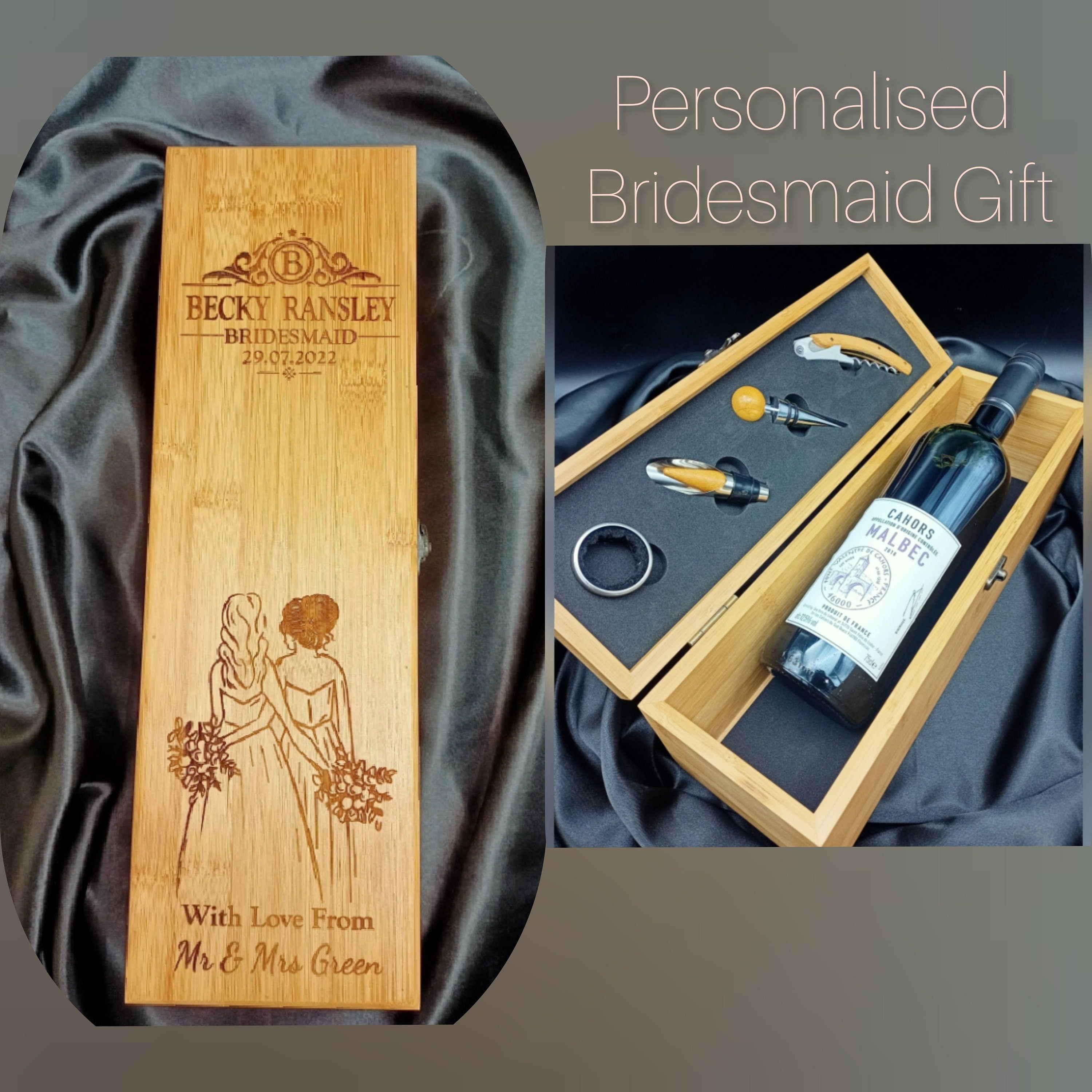 Personalised Bridesmaid Gifts - Bamboo Wine Box With Tools - Bridesmaid Proposal box - Thank you Wedding Gifts For Your Best Friends