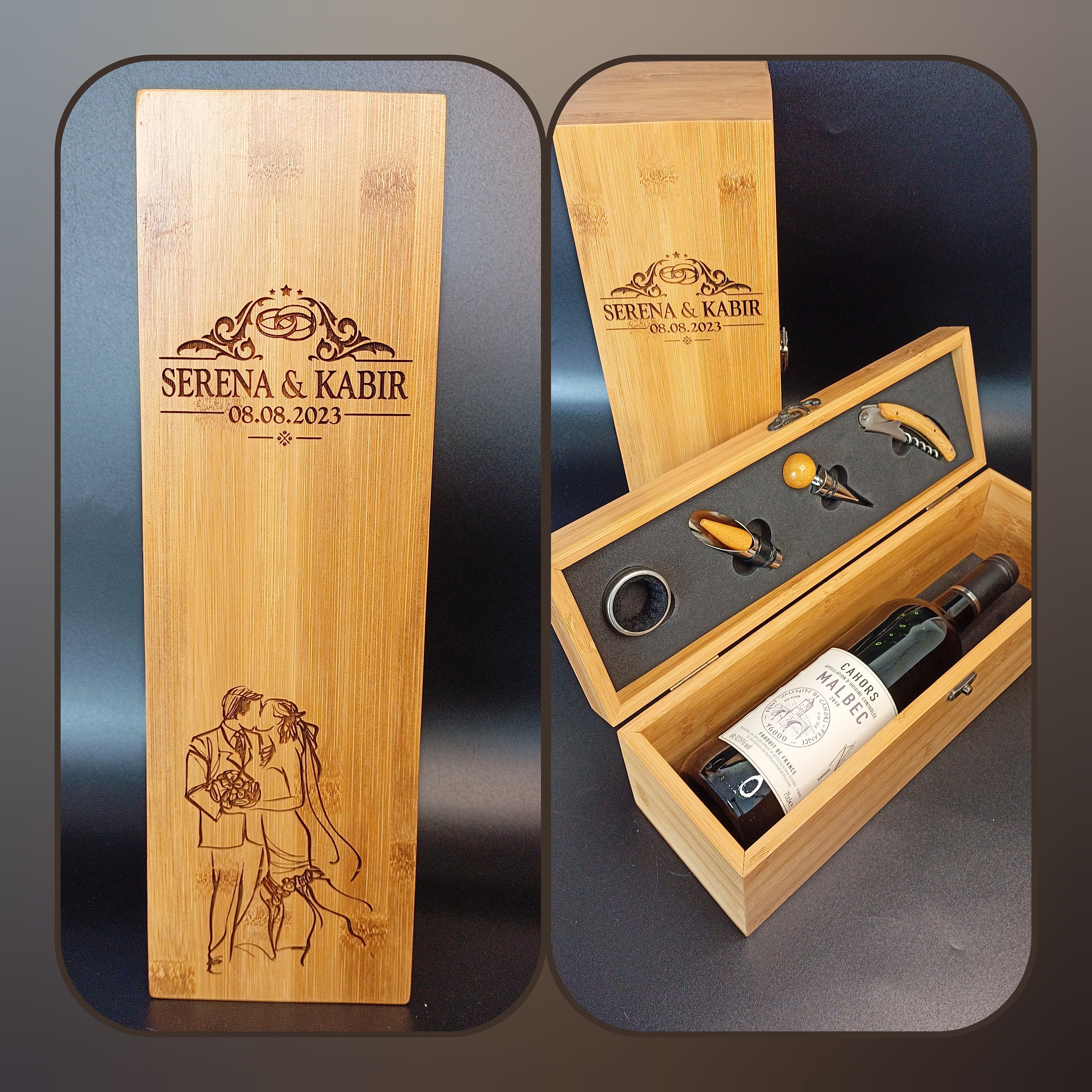 Bamboo Wine Box with Tools - Personalized Wedding Anniversary Gift