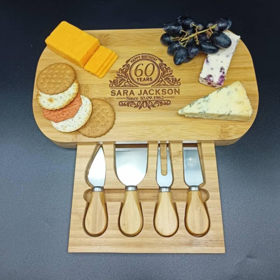 60th Birthday Gifts - Personalised Gift - Eco Friendly Bamboo Charcuterie Cheese Board - 60th Birthday Gift Ideas - Engraved Gift