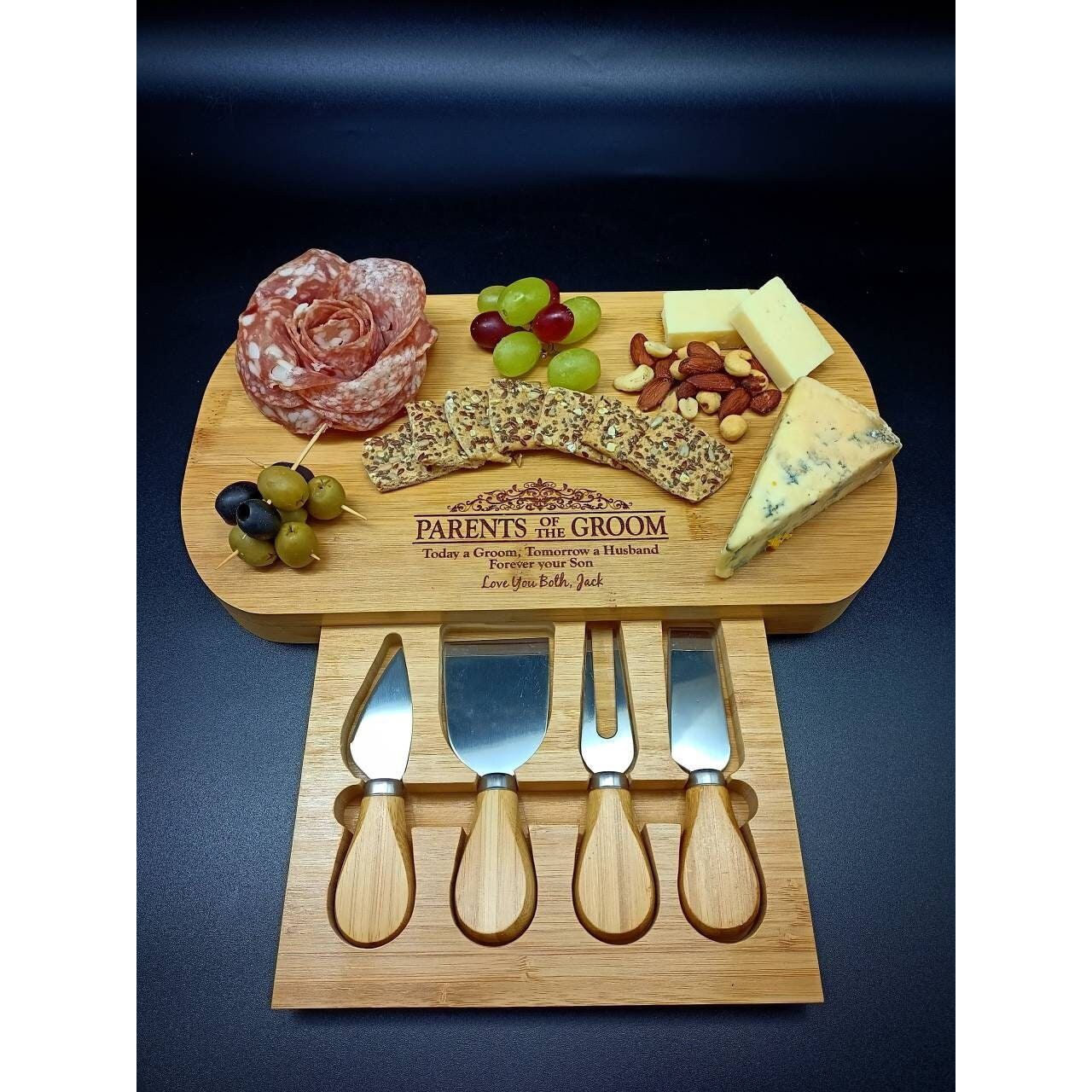 Parents Of The Groom Gifts - Custom Personalized Bamboo Cheese Board With Accessories - Wedding Parents Thank You Gift - Mum And Dad Gift