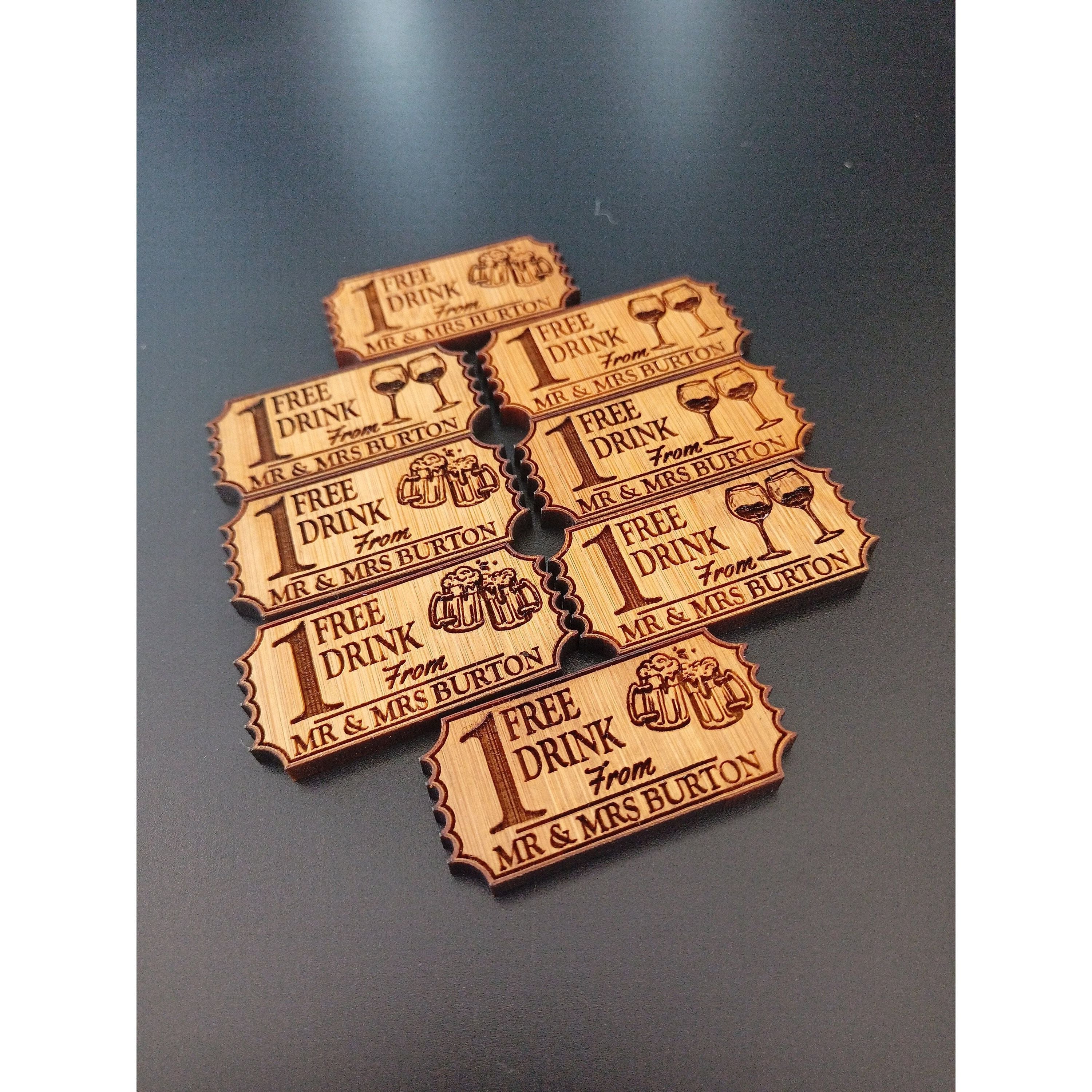 Wedding Favours For Guests In Bulk - Personalised Free Drink Token For Your Wedding Guests Made From Premium Bamboo Wood - Table Favours
