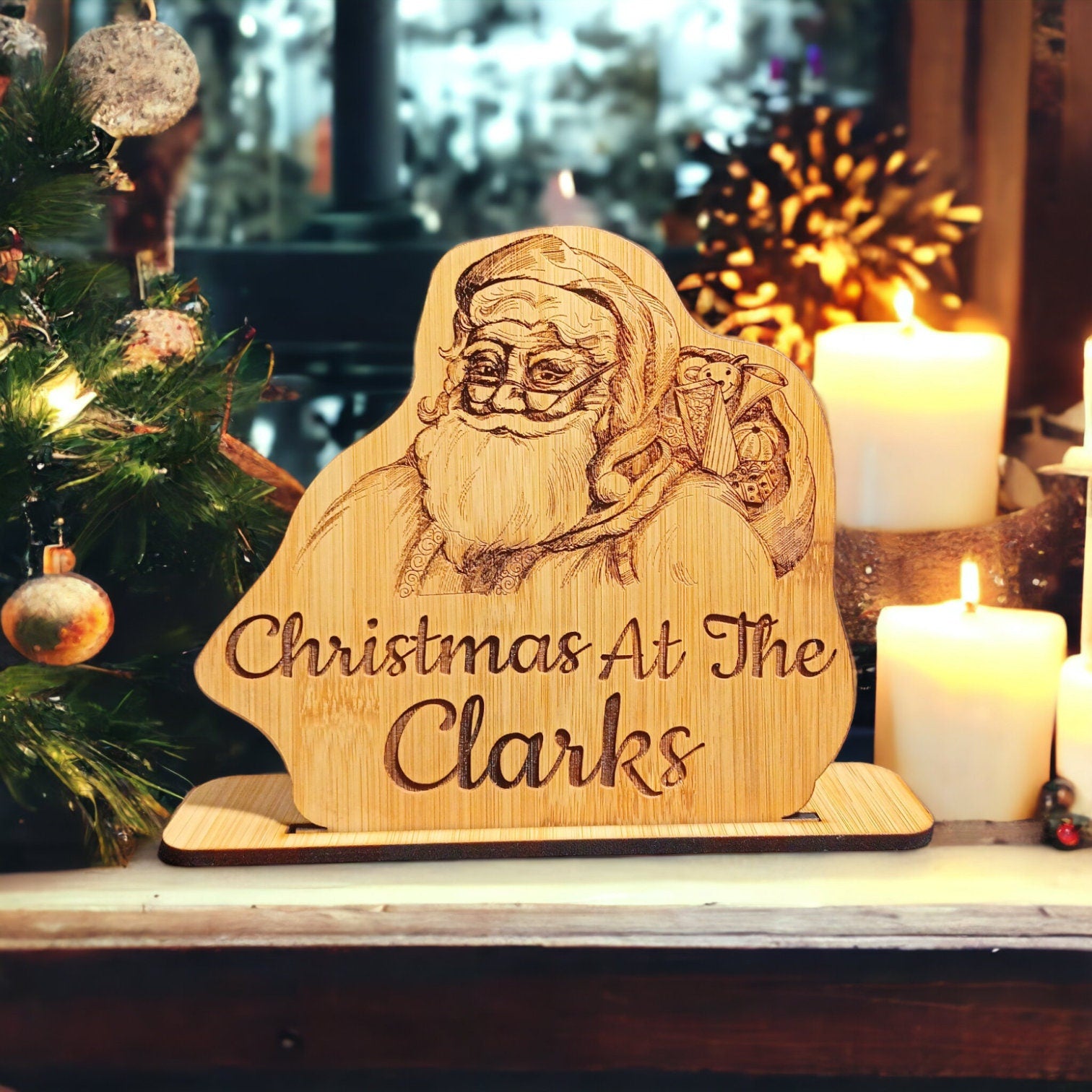 Christmas At The (Family Name) Bamboo Stand Up Plaque - Christmas Decorations - Christmas Ornaments For A Personalised Family Christmas Gift