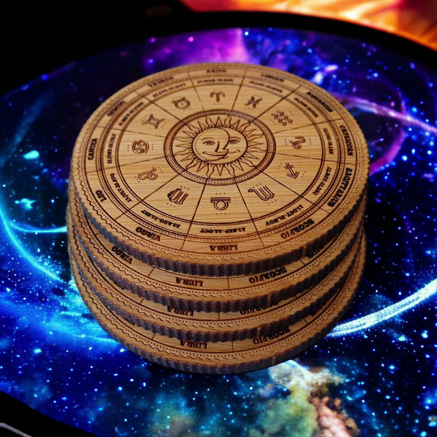 Set Of 4 Coasters - Astrology Wheel Gift Crafted From Bamboo - Eco Friendly Gift - Zodiac Sign Gift - Astrology Calendar - Horoscope Gift
