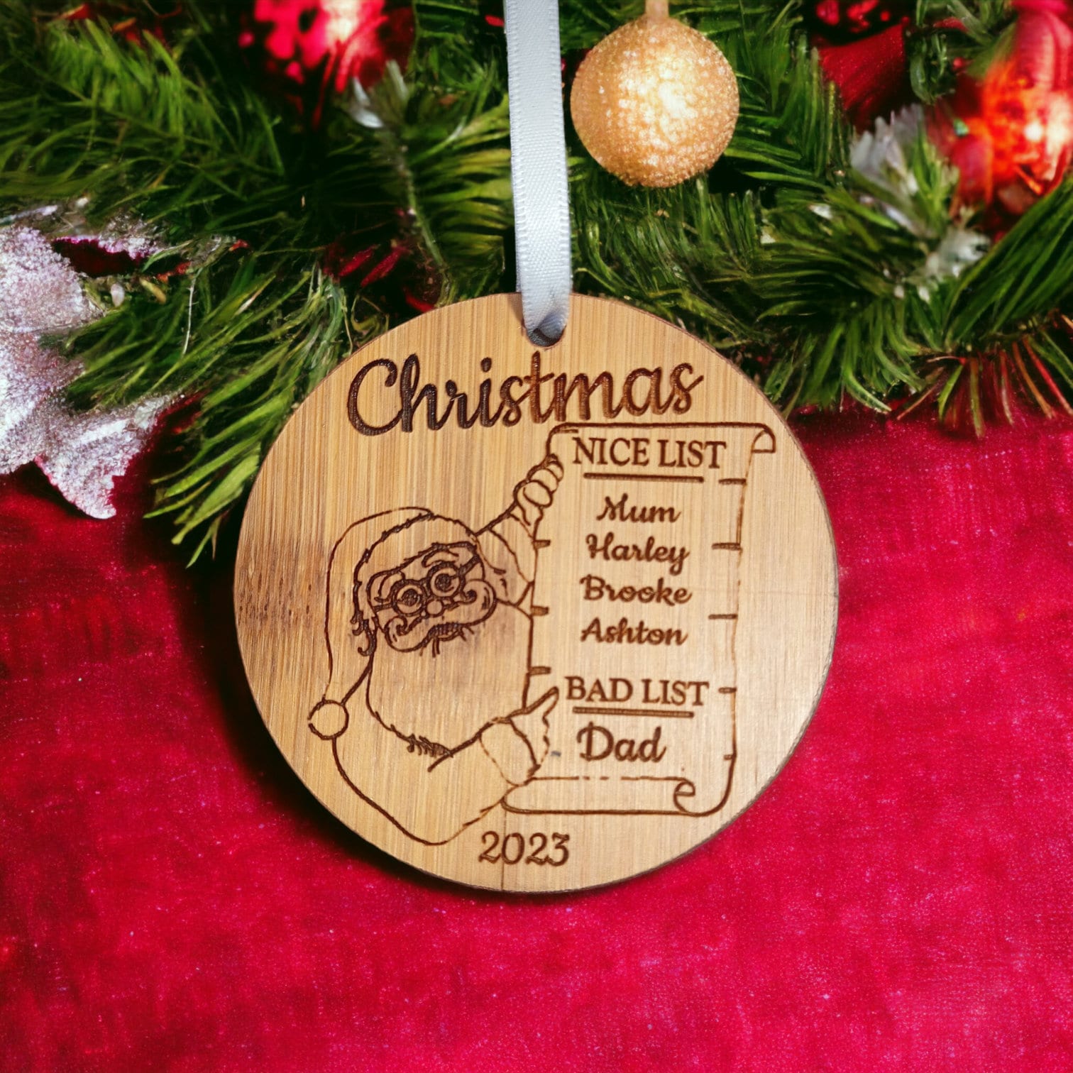 Personalised Christmas Bauble Made From Bamboo - Personalised Christmas Decoration With Santa's Nice List & Bad List - Family Christmas Gift