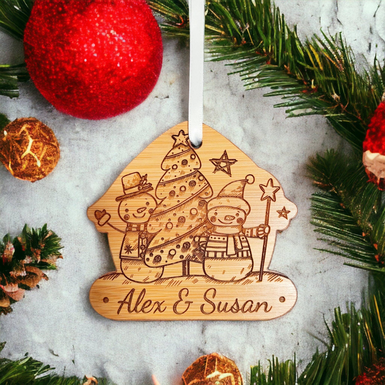 Personalised Christmas Bauble Made From Bamboo - Personalised Christmas Decoration - Couple Bauble - Family Christmas Gift