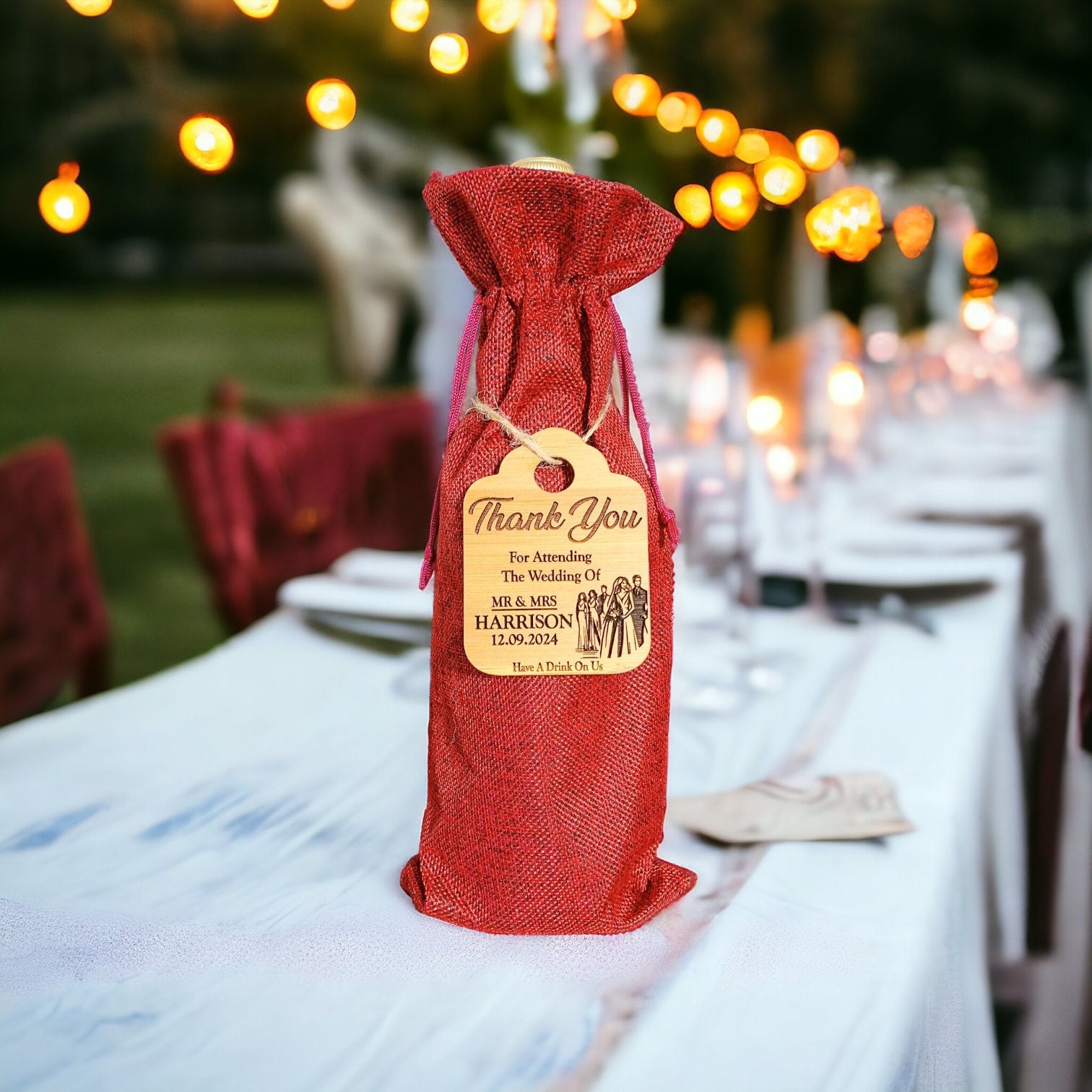 Wedding Table Decor - Personalised Wine Bottle Tags & Bags For Your Wedding Reception Guests - Wedding Table Centrepiece Personalised Decor