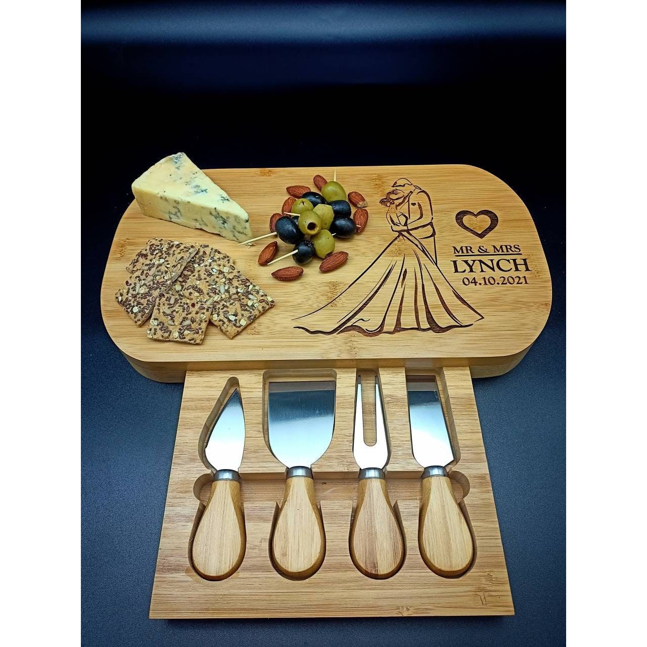 Personalised Cheese Board And Accessories . Wedding Established. Custom Cheeseboard. Wedding Anniversary Gift For Couples. Wedding Gifts.