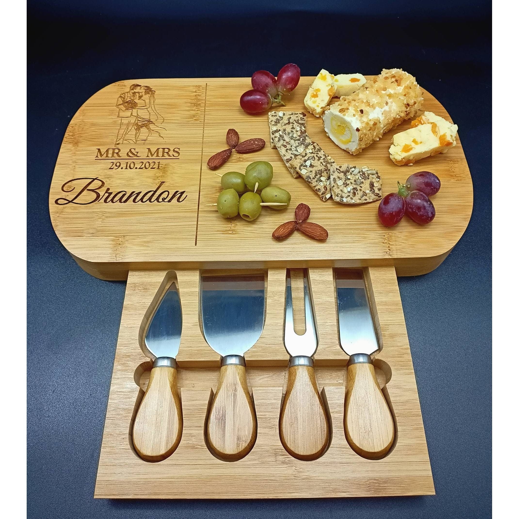 Personalised Cheese Board And Accessories . Wedding Established. Custom Cheeseboard. Wedding Anniversary Gift For Couples. Wedding Gifts.