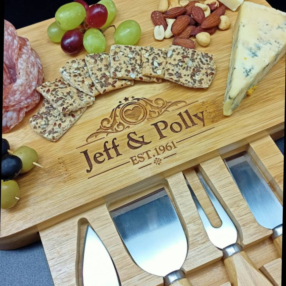 Personalised Cheese Board And Accessories . Wedding Established. Custom Cheeseboard. Wedding Anniversary Gift For Couples. Wedding Gifts.