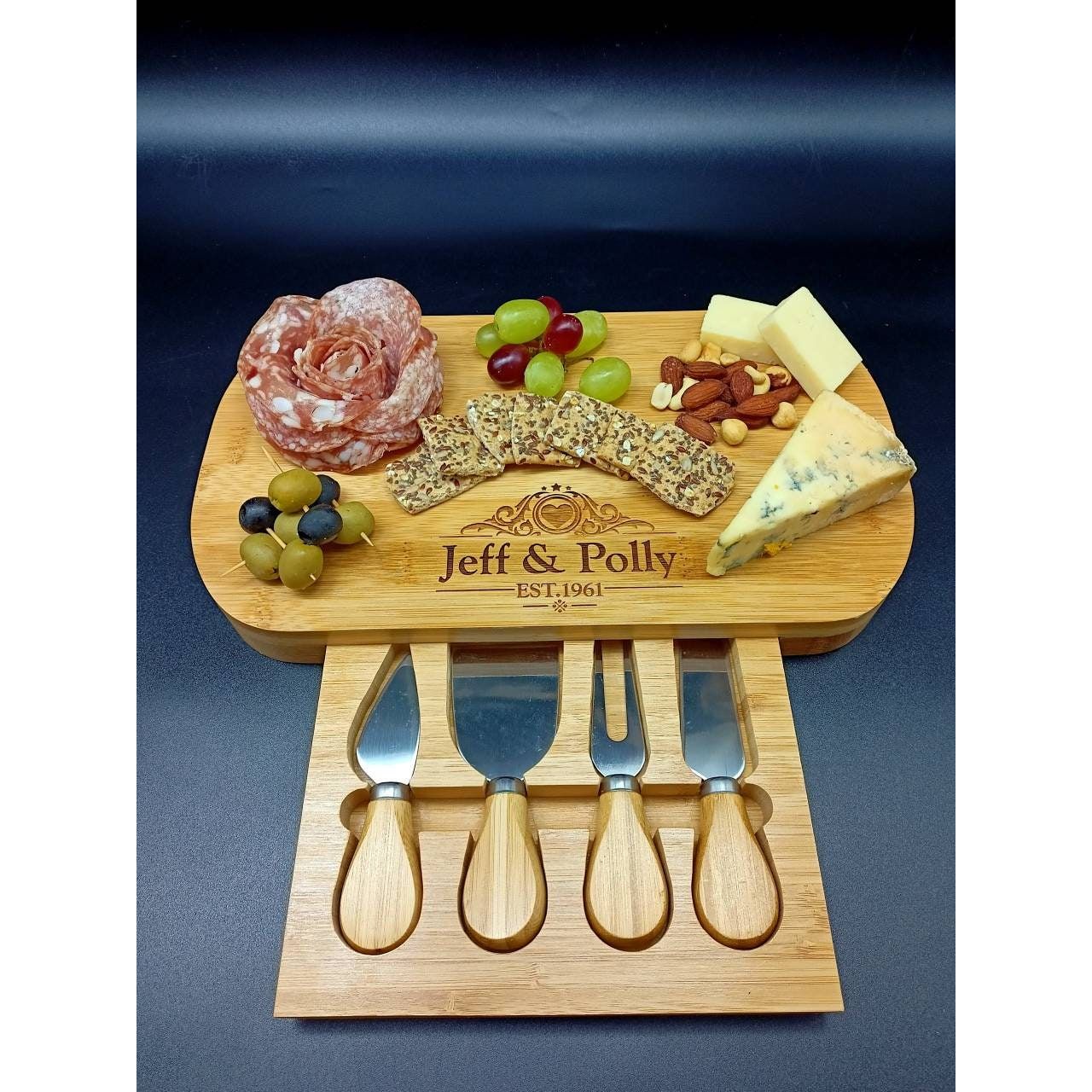 Personalised Cheese Board And Accessories . Wedding Established. Custom Cheeseboard. Wedding Anniversary Gift For Couples. Wedding Gifts.