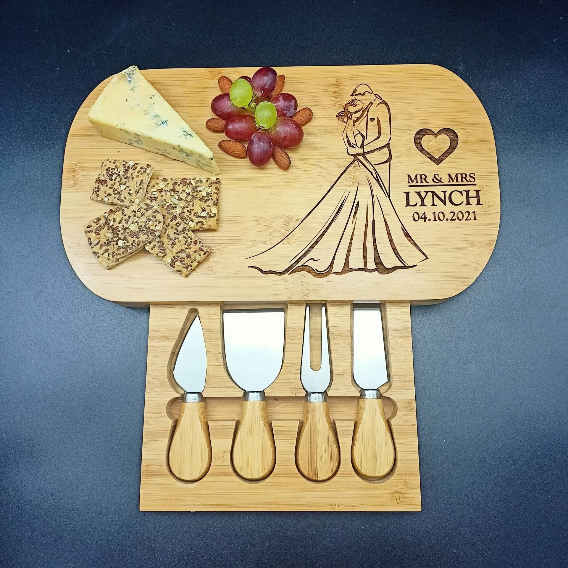 Personalised Cheese Board And Accessories . Wedding Established. Custom Cheeseboard. Wedding Anniversary Gift For Couples. Wedding Gifts.