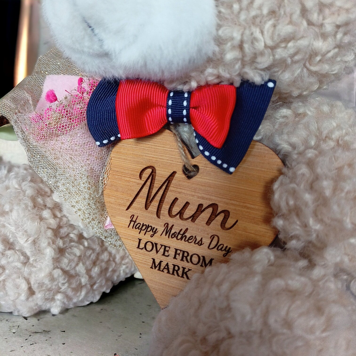 Mothers Day Gift For Her - Plush Teddy Bear In A Bag With A Personalised Bamboo Heart - The Perfect Gift For Mum This Mothers Day