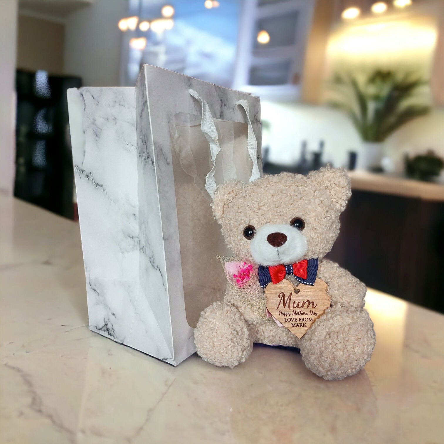 Mothers Day Gift For Her - Plush Teddy Bear In A Bag With A Personalised Bamboo Heart - The Perfect Gift For Mum This Mothers Day