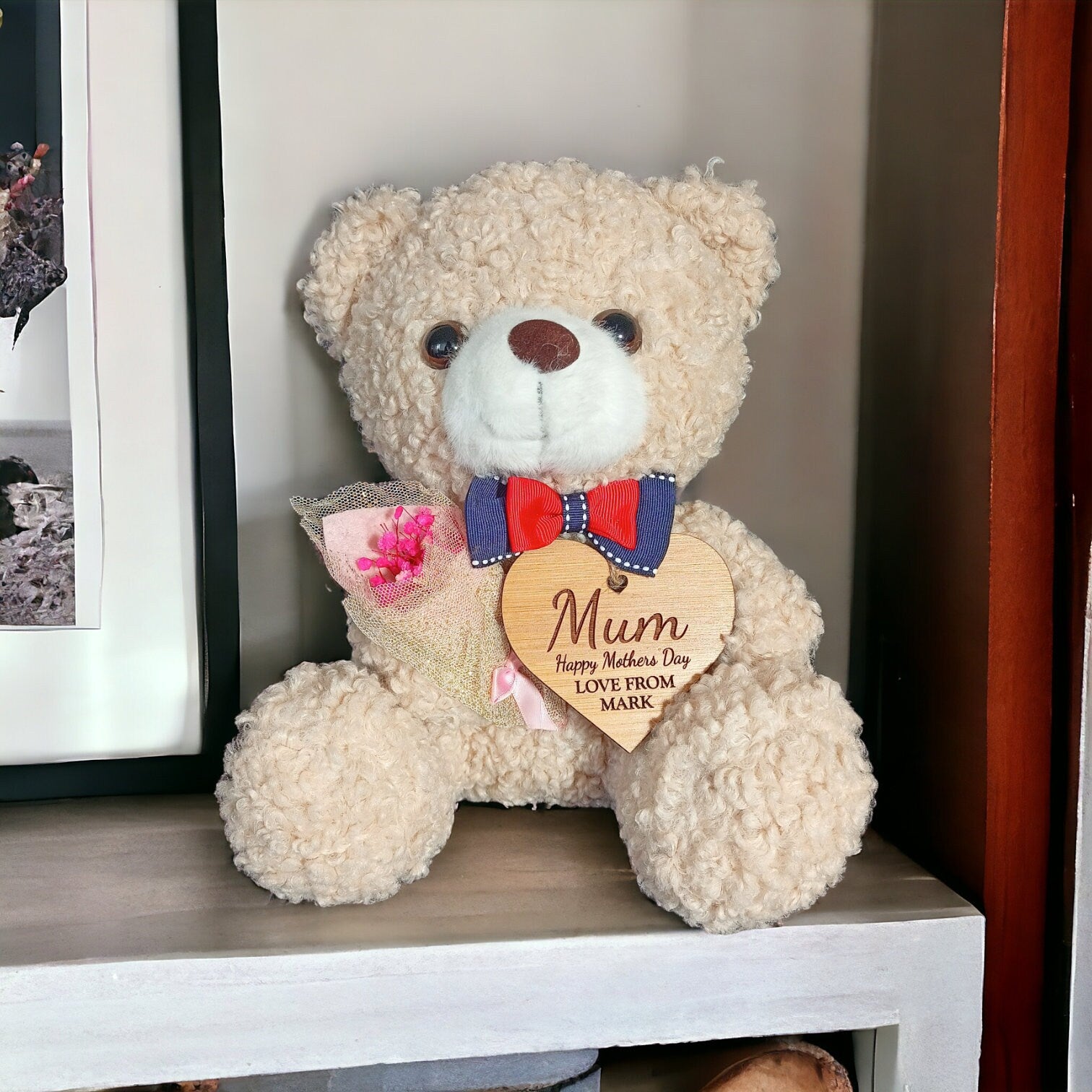 Mothers Day Gift For Her - Plush Teddy Bear In A Bag With A Personalised Bamboo Heart - The Perfect Gift For Mum This Mothers Day