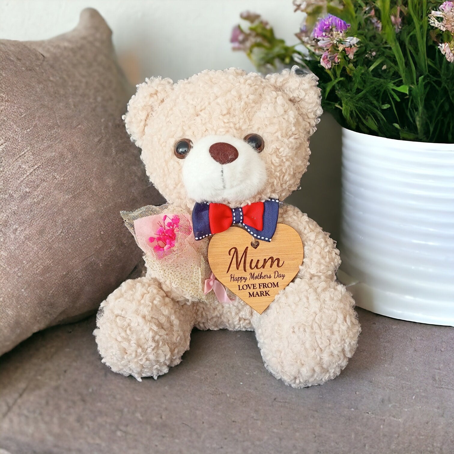 Mothers Day Gift For Her - Plush Teddy Bear In A Bag With A Personalised Bamboo Heart - The Perfect Gift For Mum This Mothers Day