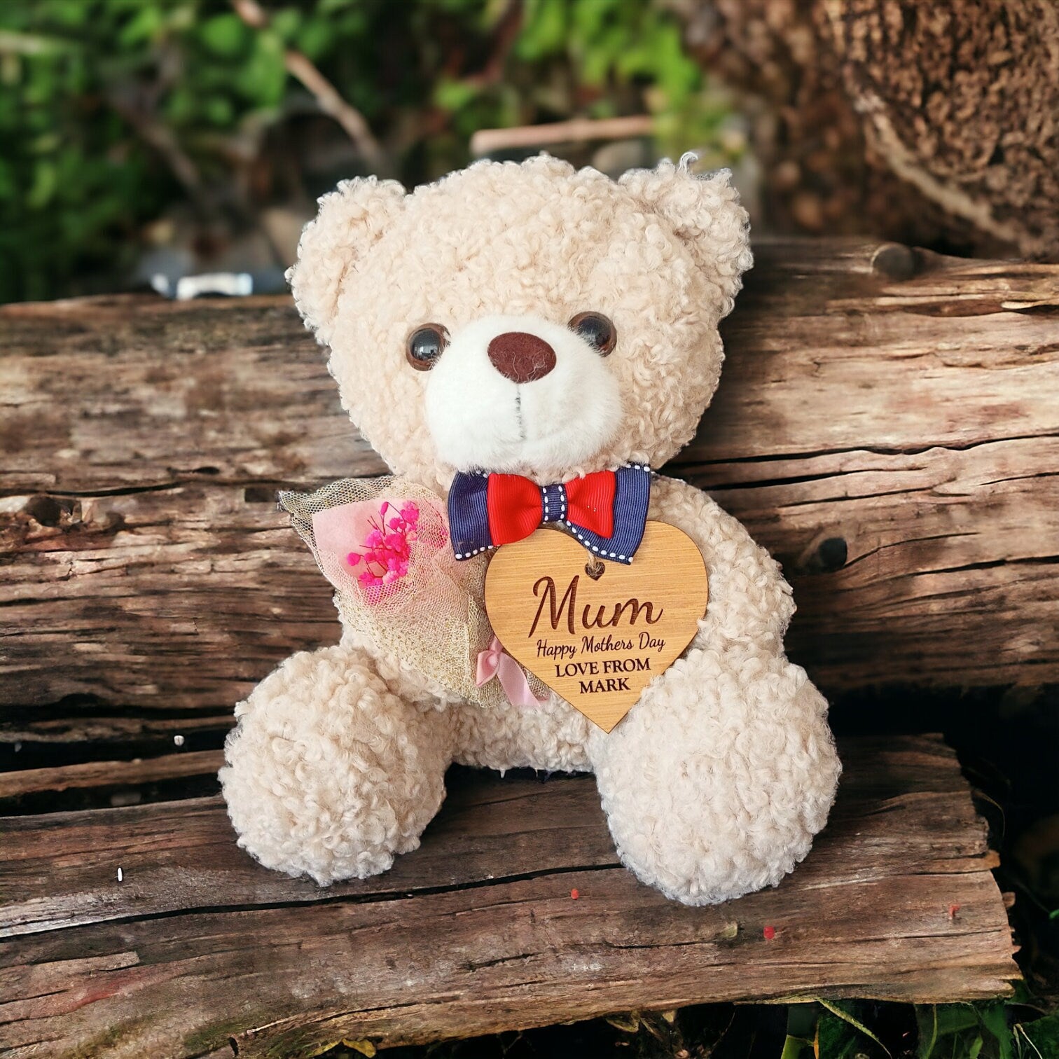 Mothers Day Gift For Her - Plush Teddy Bear In A Bag With A Personalised Bamboo Heart - The Perfect Gift For Mum This Mothers Day