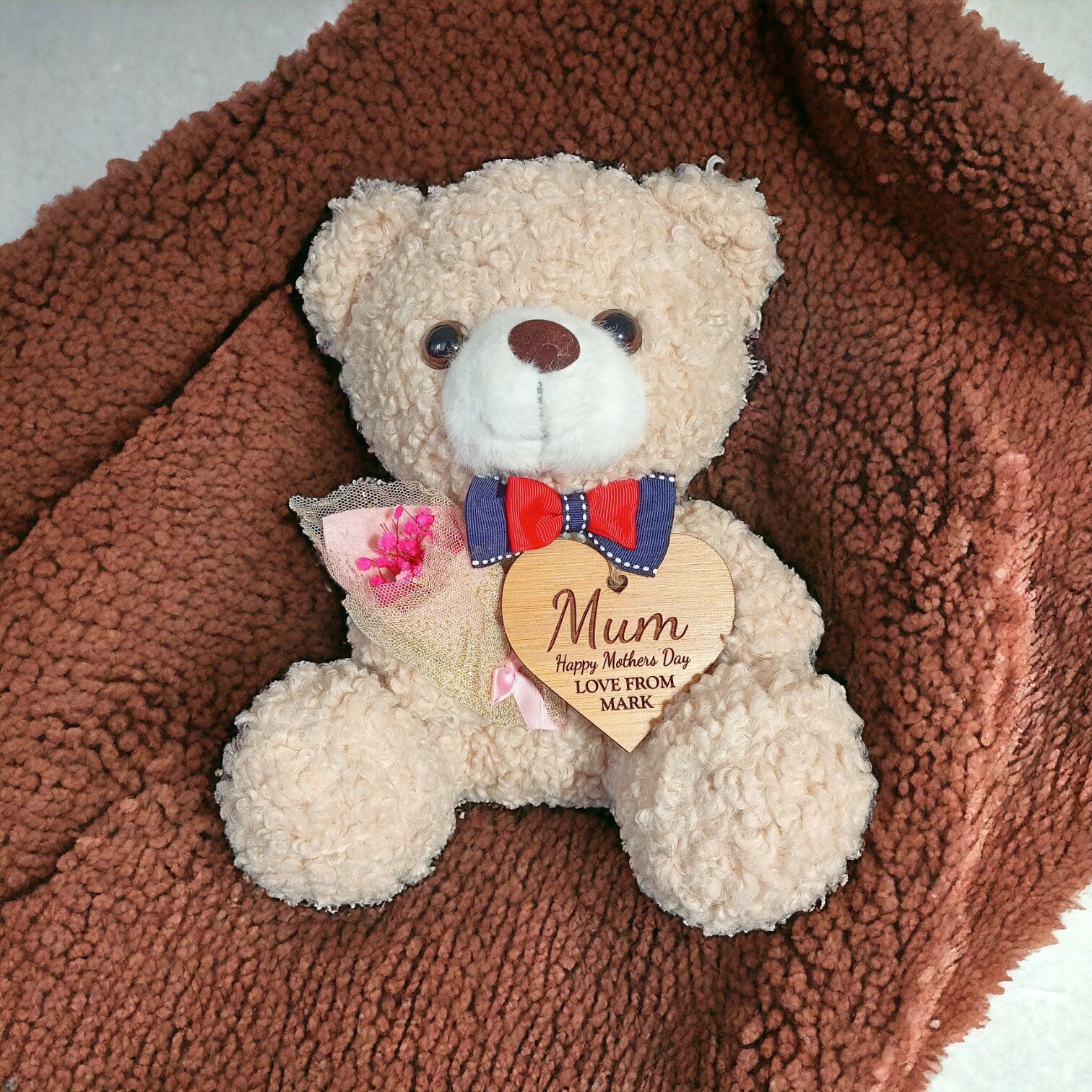 Mothers Day Gift For Her - Plush Teddy Bear In A Bag With A Personalised Bamboo Heart - The Perfect Gift For Mum This Mothers Day