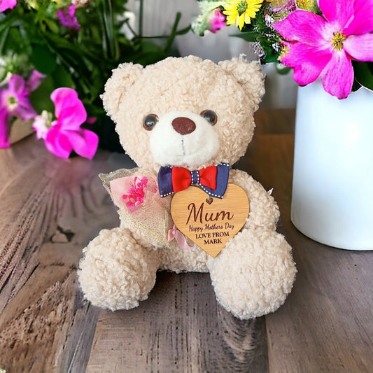 Mothers Day Gift For Her - Plush Teddy Bear In A Bag With A Personalised Bamboo Heart - The Perfect Gift For Mum This Mothers Day