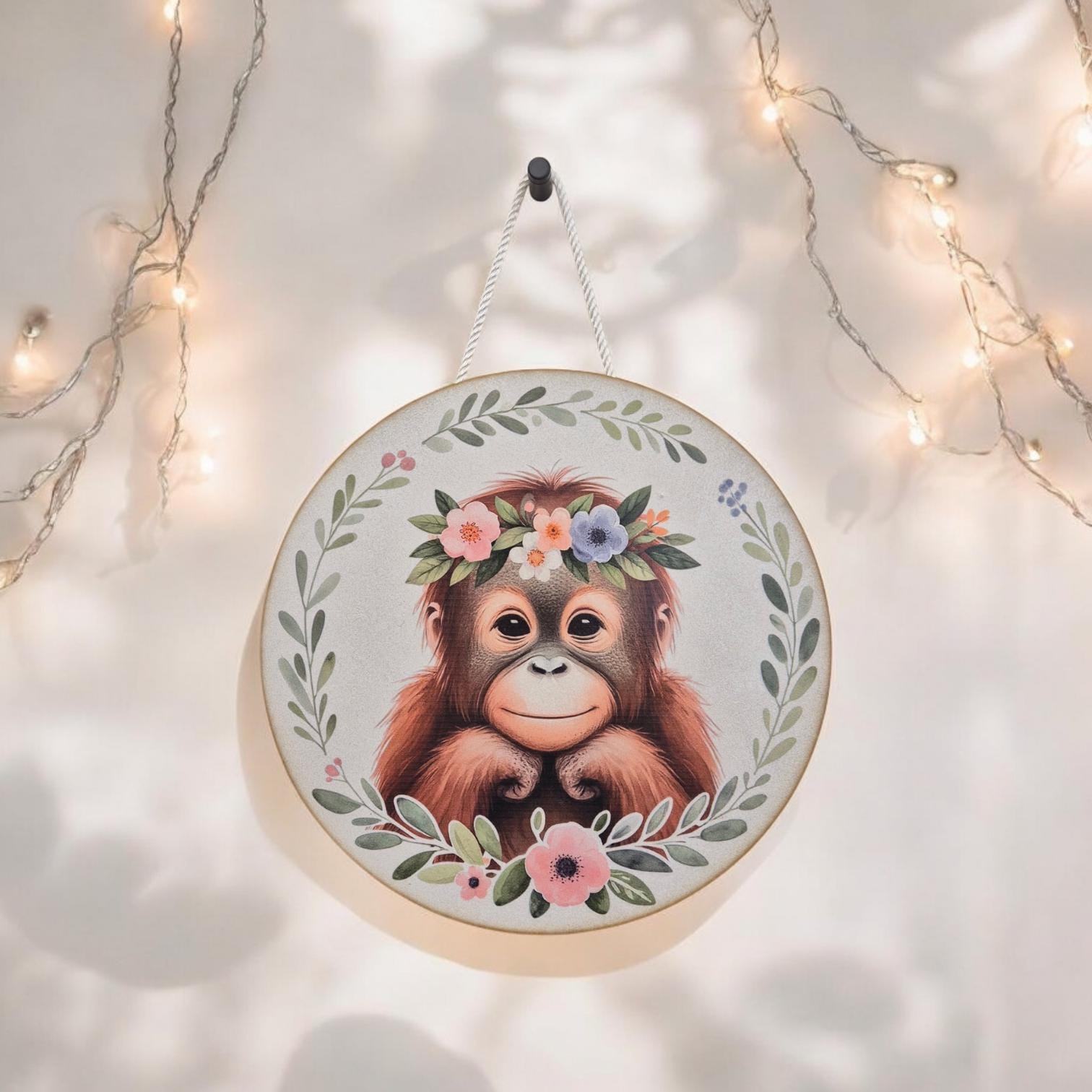 Wooden Monkey Wall Art - Nursery Decor | Cute Animal Wall Hanging with Rope - Baby Girl/ Baby Boy Bedroom or Playroom Decor - Animal Prints