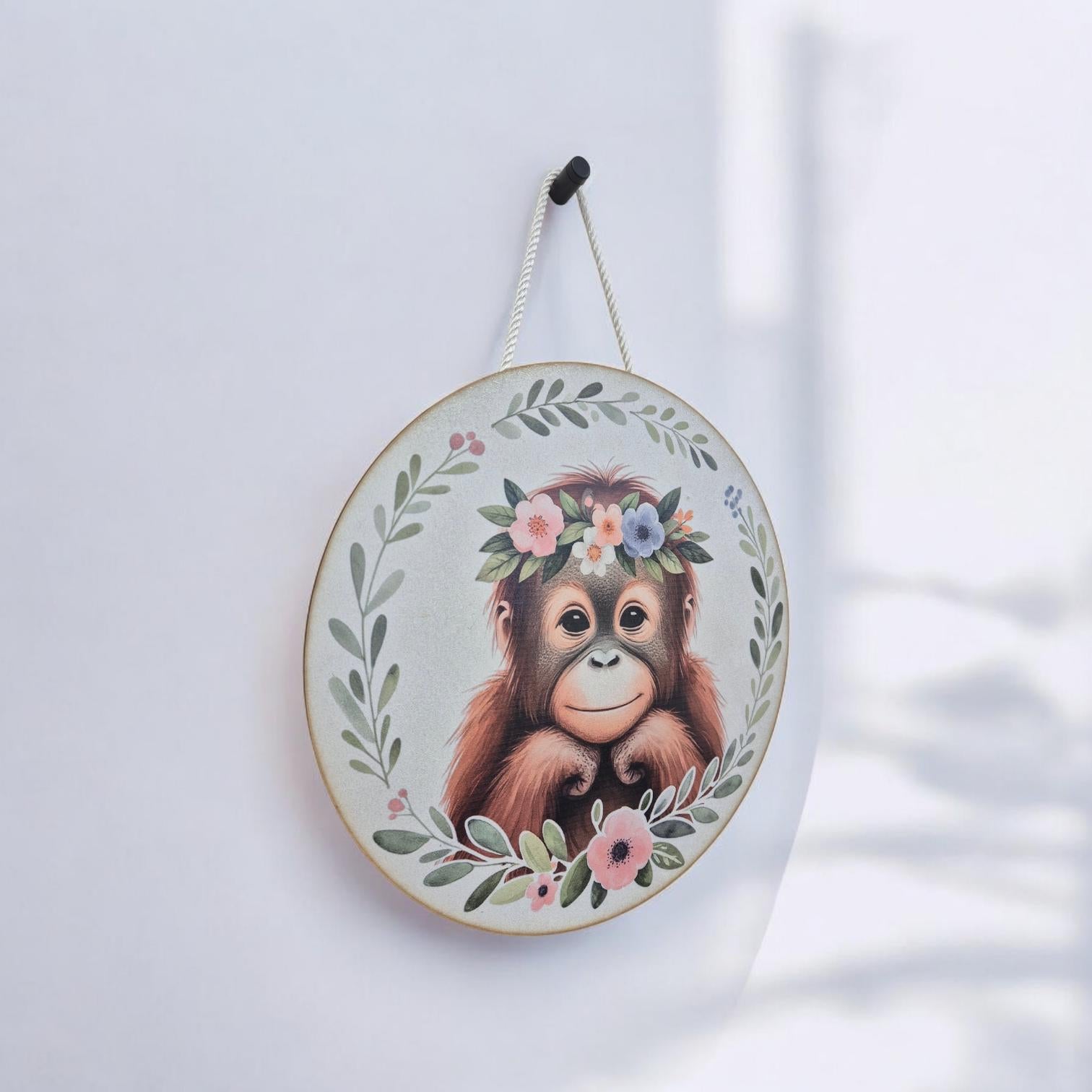 Wooden Monkey Wall Art - Nursery Decor | Cute Animal Wall Hanging with Rope - Baby Girl/ Baby Boy Bedroom or Playroom Decor - Animal Prints