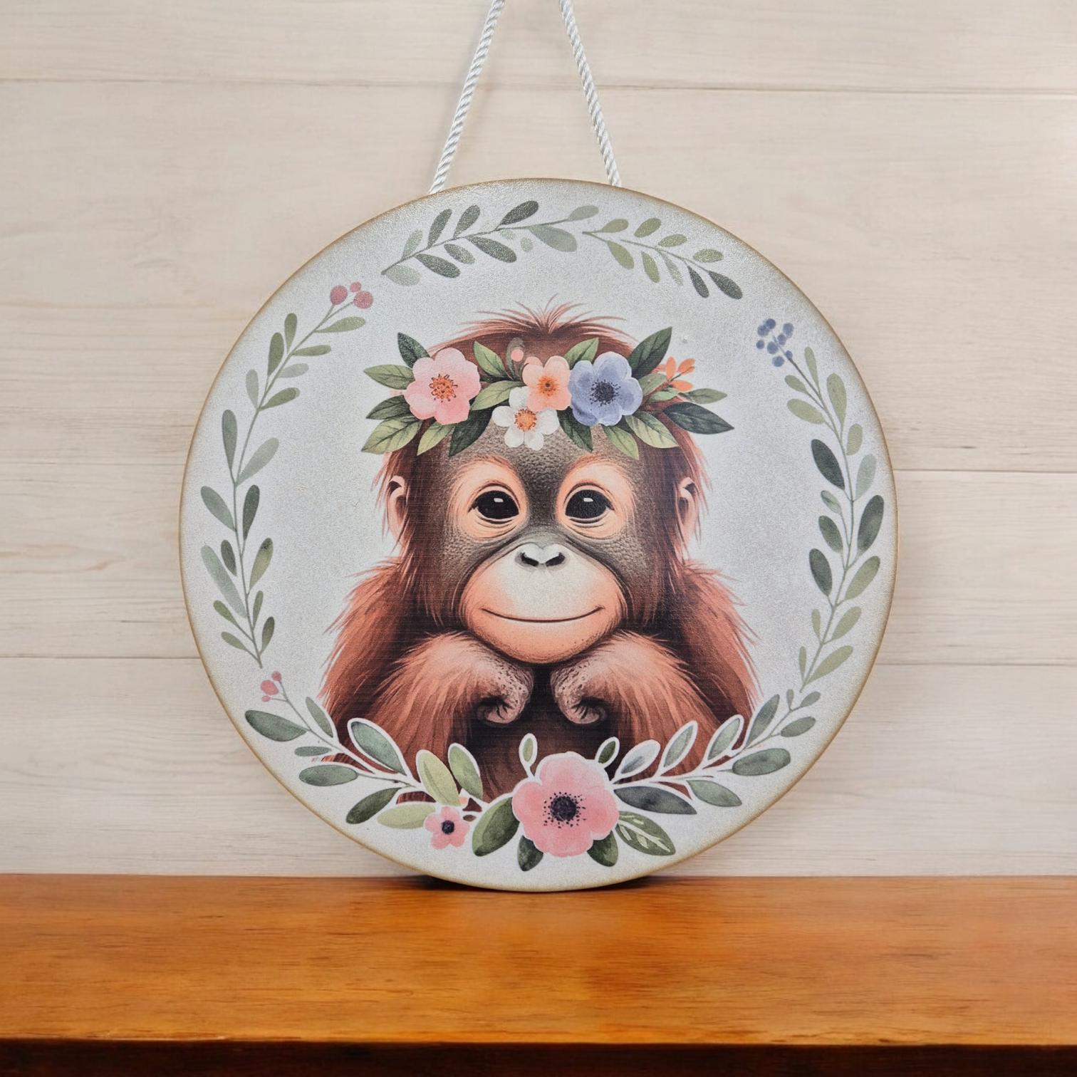 Wooden Monkey Wall Art - Nursery Decor | Cute Animal Wall Hanging with Rope - Baby Girl/ Baby Boy Bedroom or Playroom Decor - Animal Prints