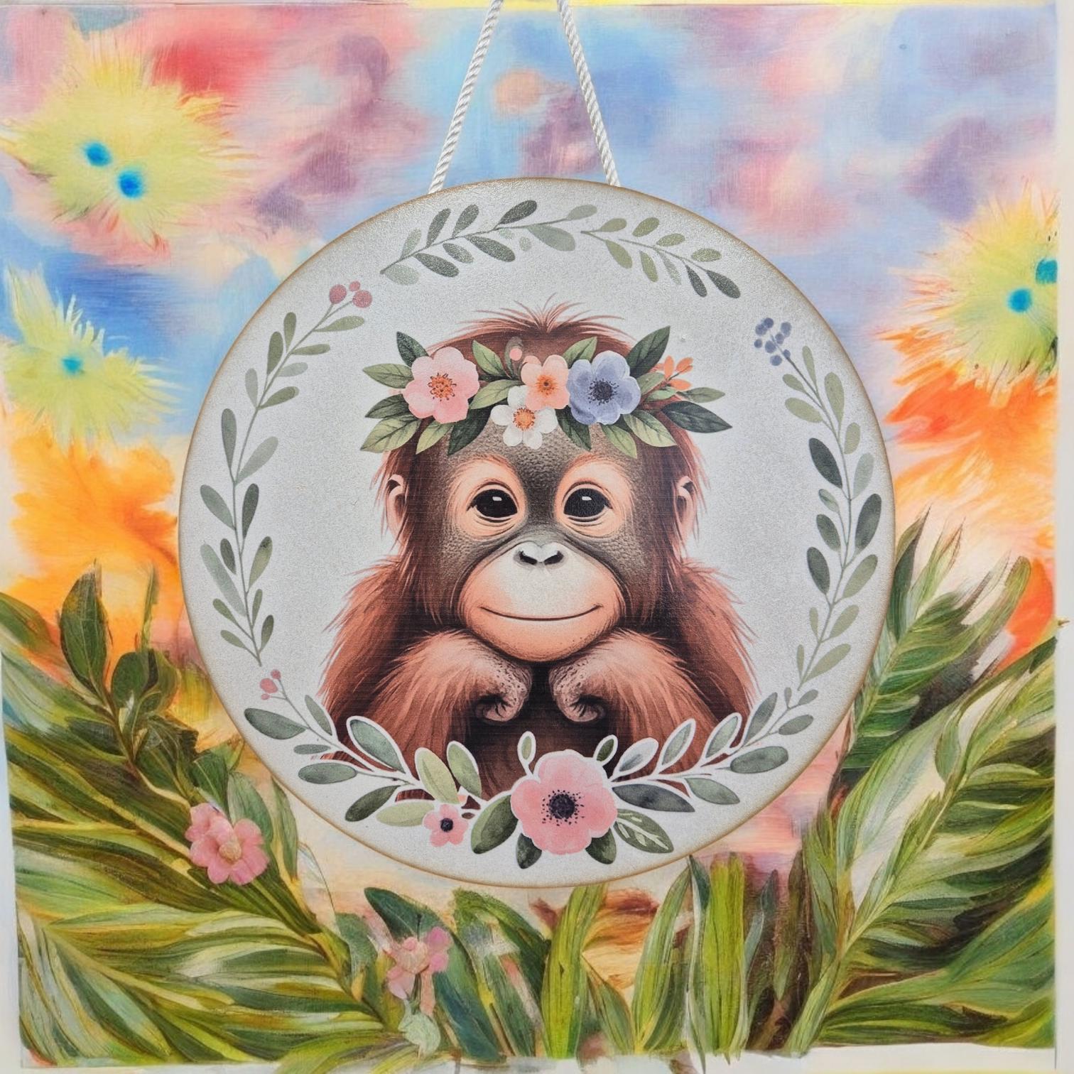 Wooden Monkey Wall Art - Nursery Decor | Cute Animal Wall Hanging with Rope - Baby Girl/ Baby Boy Bedroom or Playroom Decor - Animal Prints