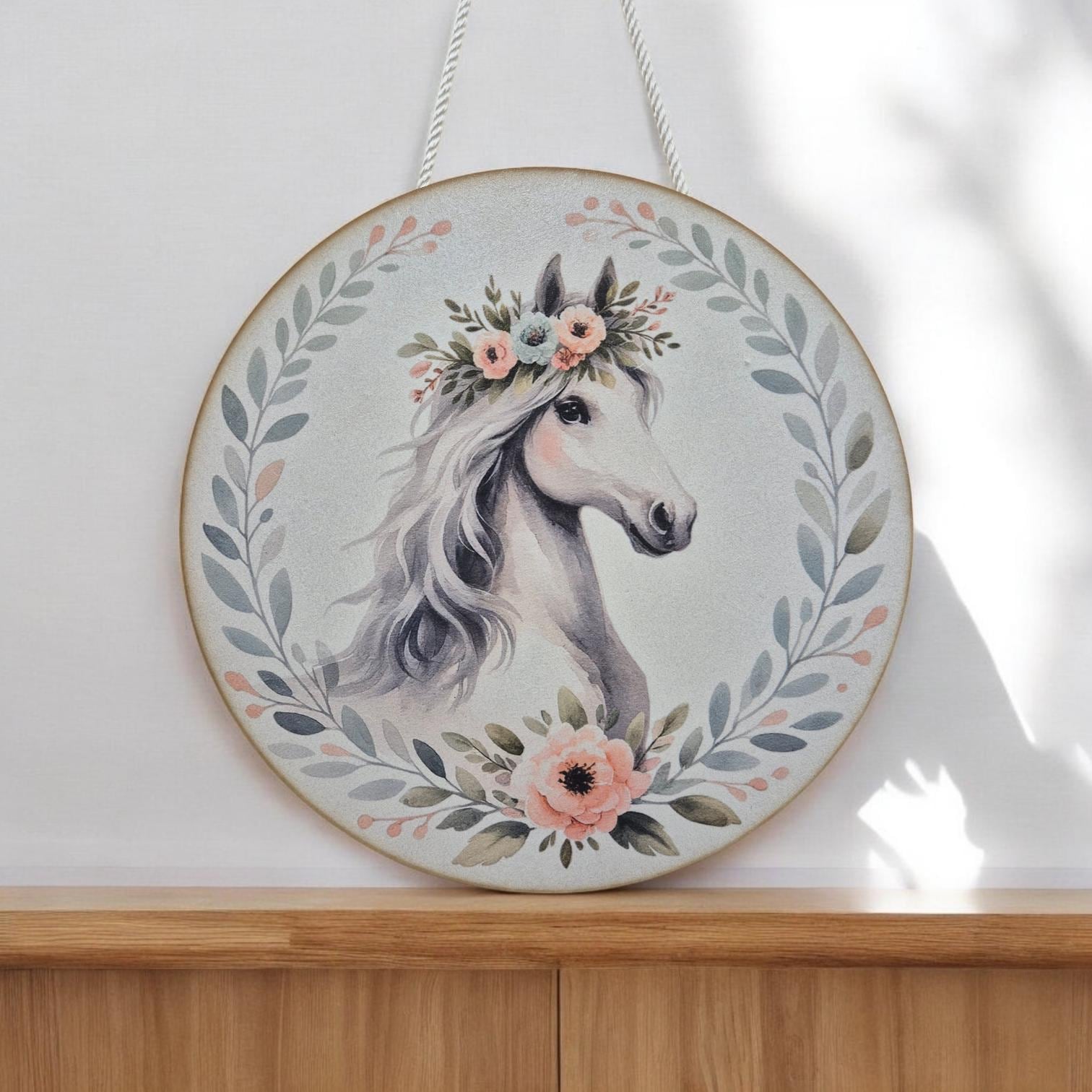 Wooden Horse Wall Art - Nursery Decor | Cute Animal Hanging Wall Art with Rope - Baby Girl/Boy Bedroom or Playroom Decor - Animal Prints