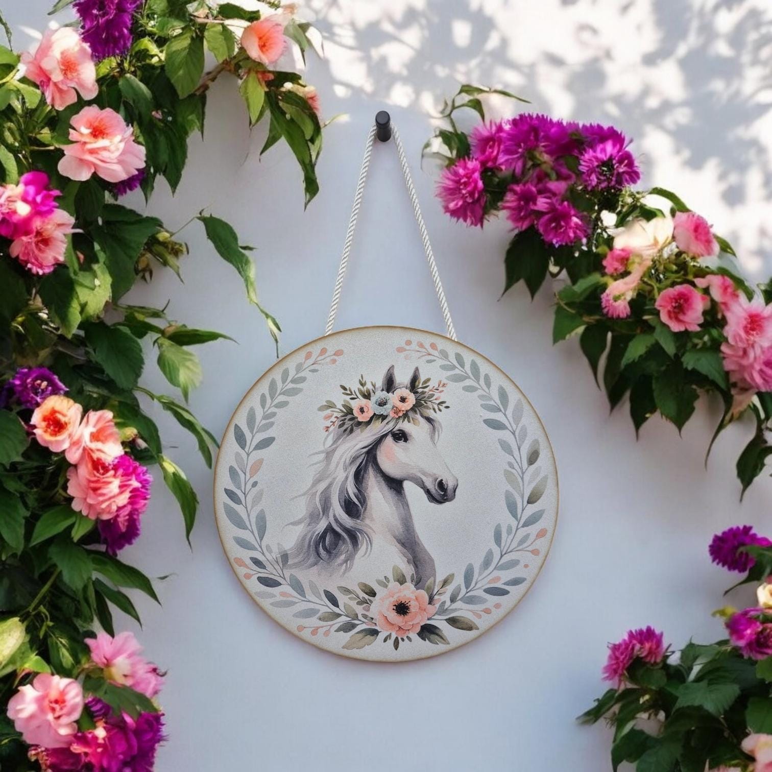 Wooden Horse Wall Art - Nursery Decor | Cute Animal Hanging Wall Art with Rope - Baby Girl/Boy Bedroom or Playroom Decor - Animal Prints