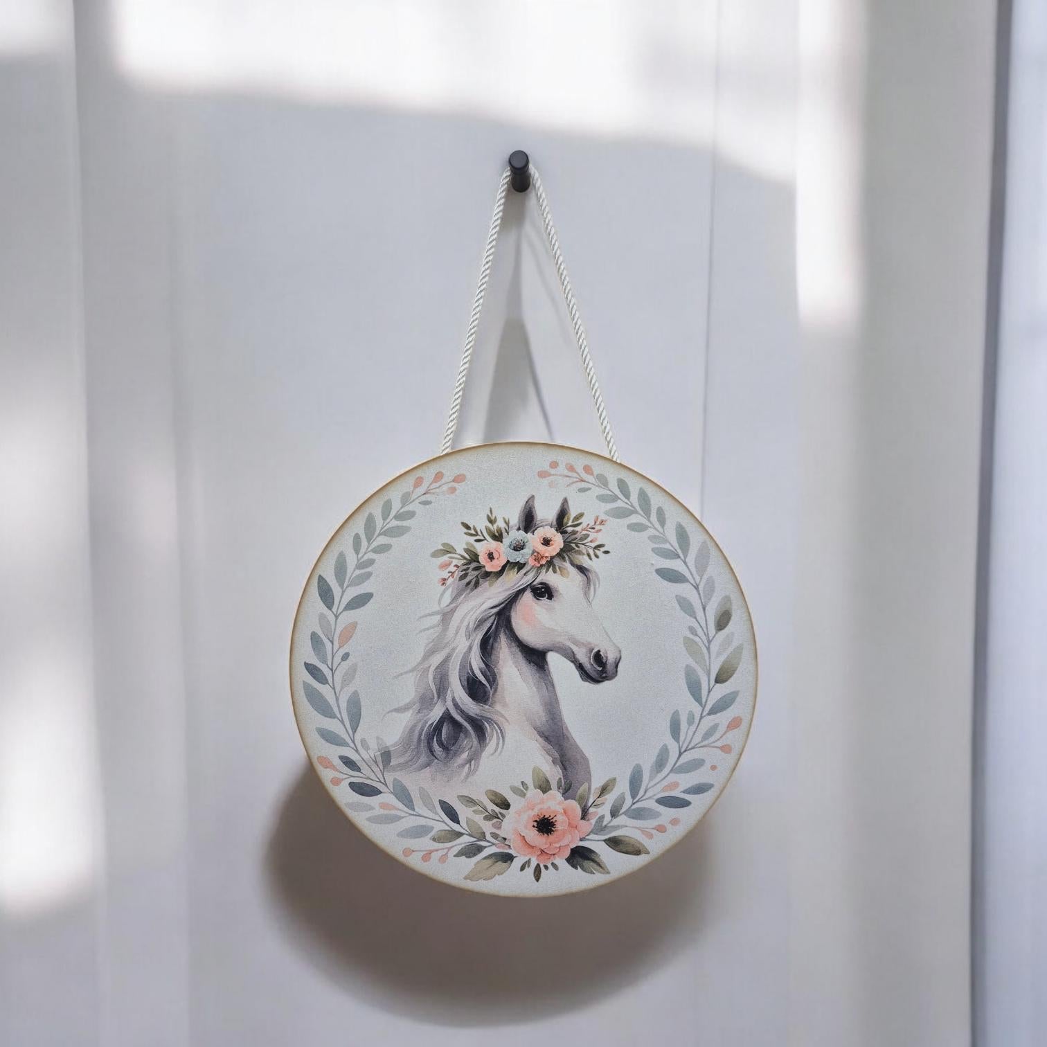 Wooden Horse Wall Art - Nursery Decor | Cute Animal Hanging Wall Art with Rope - Baby Girl/Boy Bedroom or Playroom Decor - Animal Prints