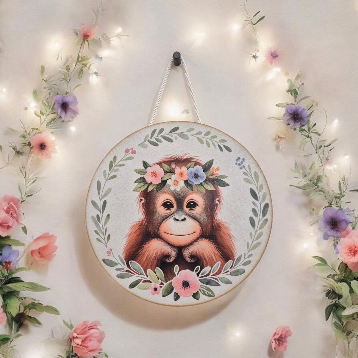 Wooden Monkey Wall Art - Nursery Decor | Cute Animal Wall Hanging with Rope - Baby Girl/ Baby Boy Bedroom or Playroom Decor - Animal Prints