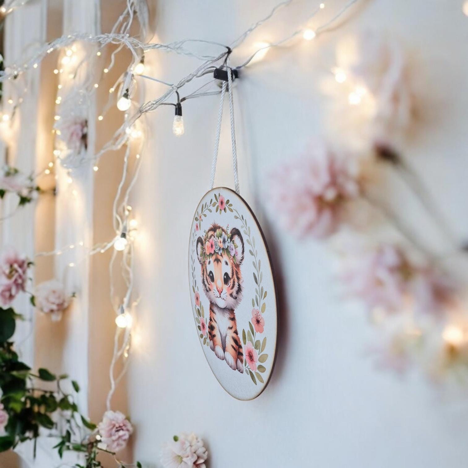 Wooden Tiger Wall Art - Nursery Decor | Cute Animal Hanging Wall Art with Rope - Baby Girl/Boy Bedroom or Playroom Decor - Animal Prints