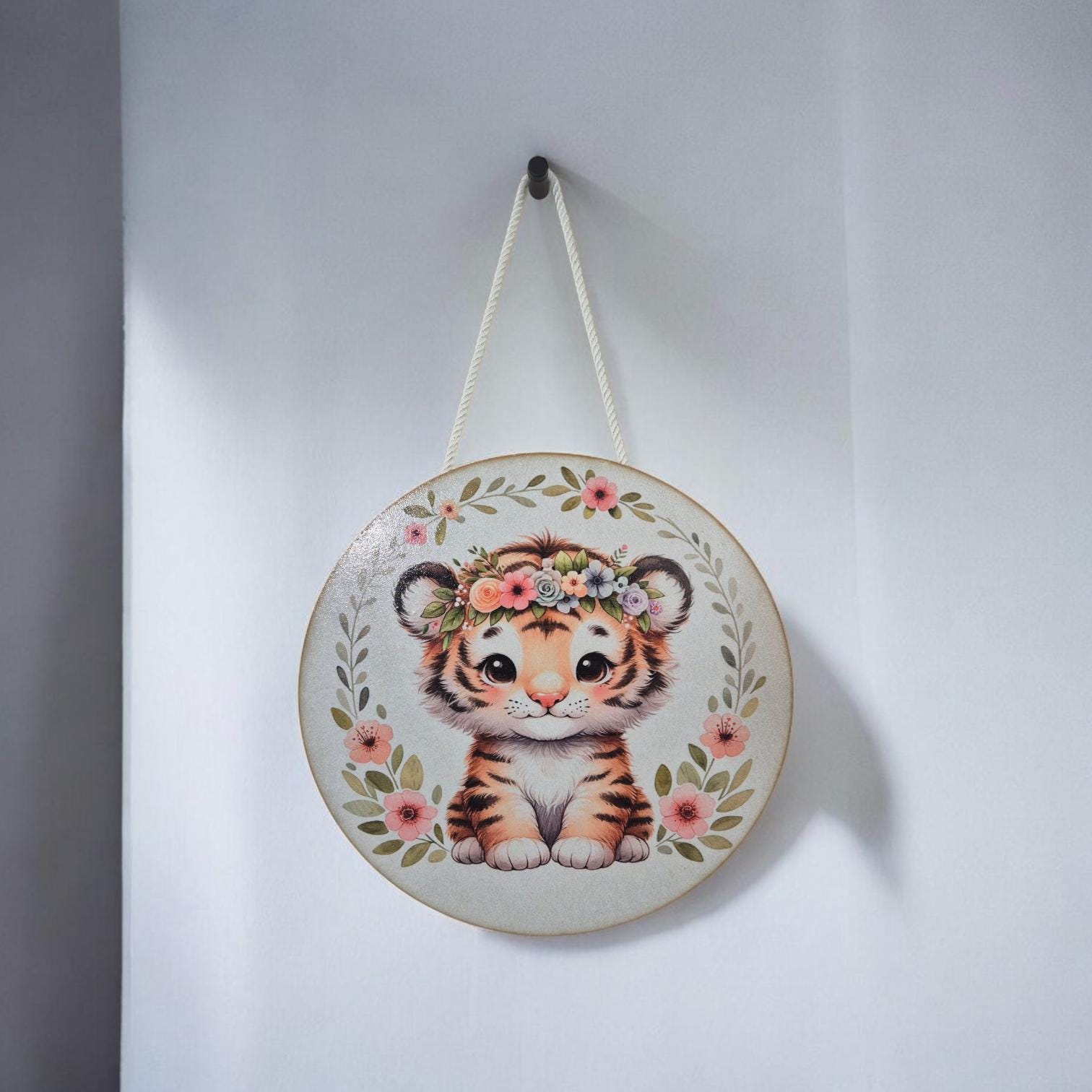 Wooden Tiger Wall Art - Nursery Decor | Cute Animal Hanging Wall Art with Rope - Baby Girl/Boy Bedroom or Playroom Decor - Animal Prints