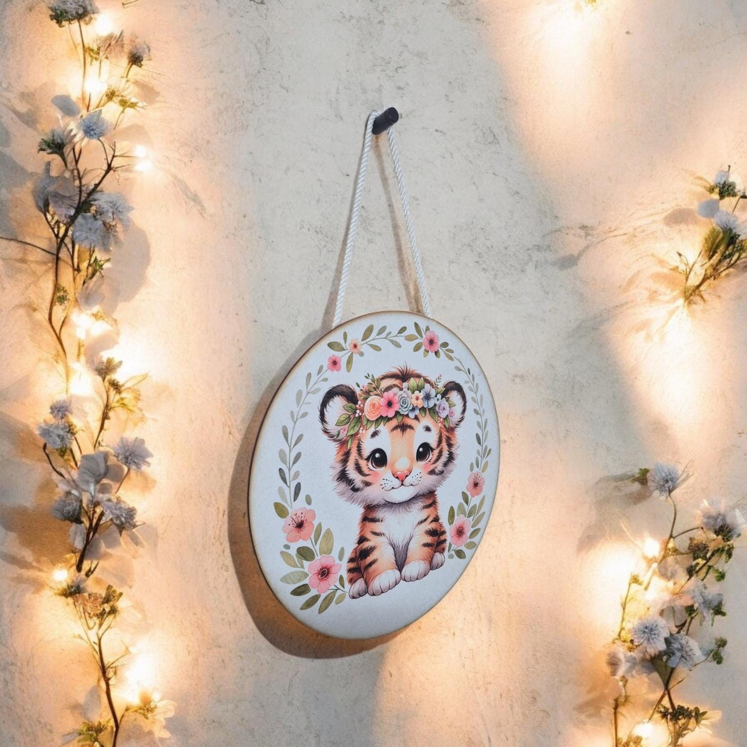 Wooden Tiger Wall Art - Nursery Decor | Cute Animal Hanging Wall Art with Rope - Baby Girl/Boy Bedroom or Playroom Decor - Animal Prints